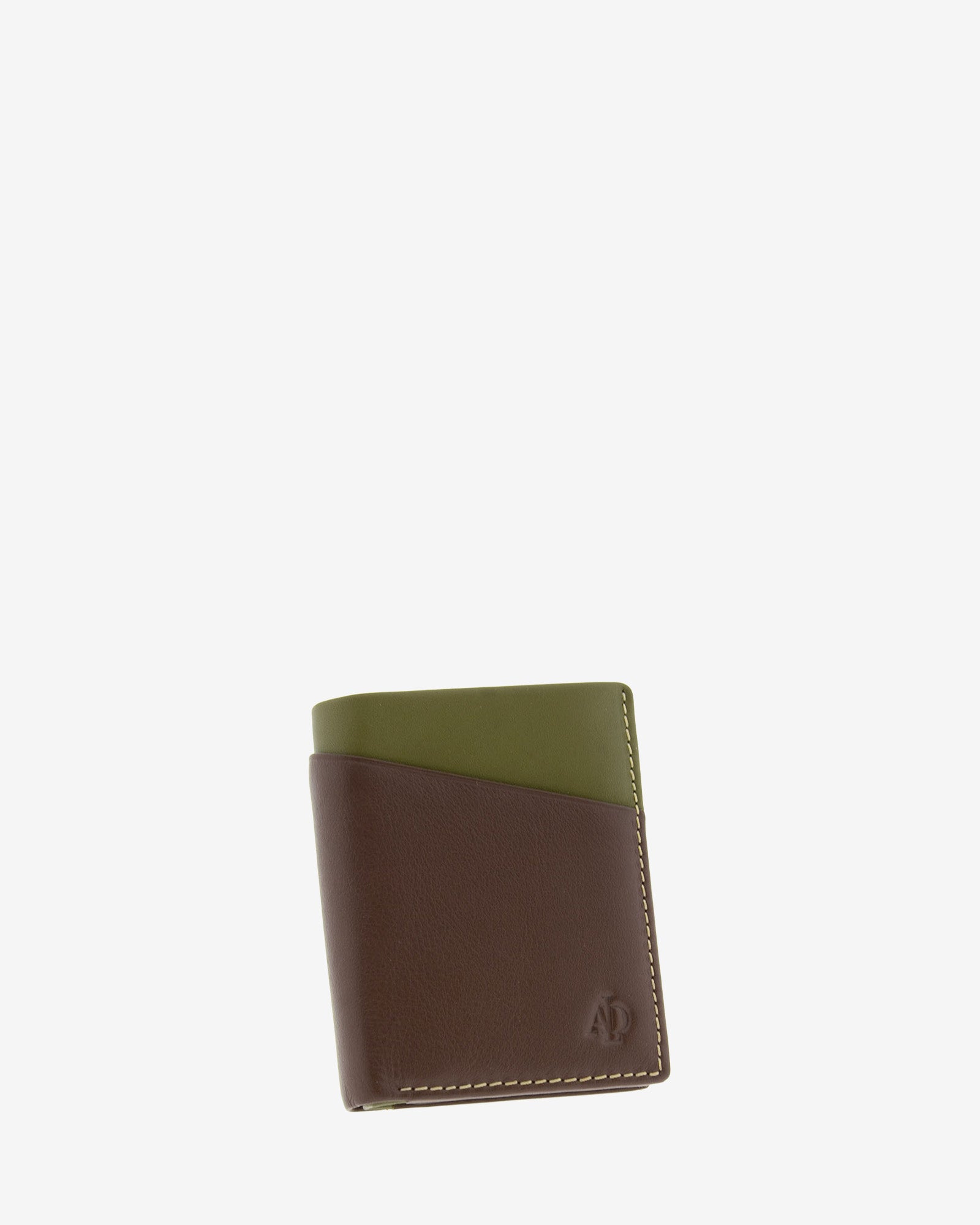 Cartera de hombre pequeña de piel genuina en color marrón y oliva con compartimento exterior, vista frontal mostrando diseño y volumen, referencia 1611-2