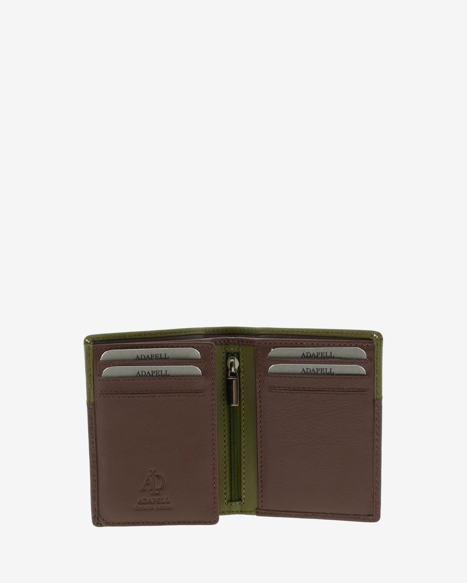 Cartera de hombre pequeña de piel genuina en color marrón y oliva, vista interior mostrando compartimentos interiores, cremallera y monedero, referencia 1611-2
