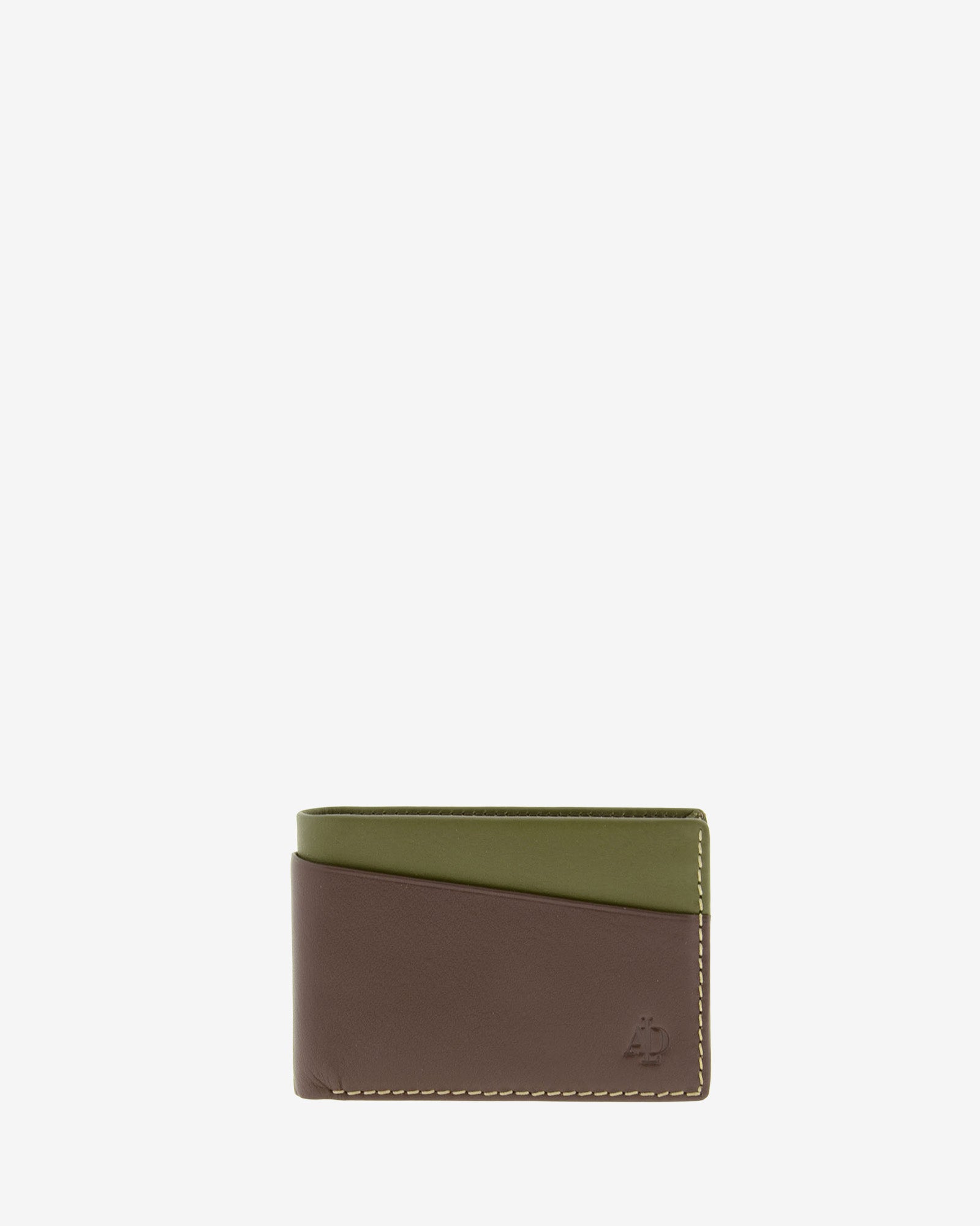 Cartera de hombre pequeña de piel genuina en color marrón y oliva con compartimento exterior, vista frontal plana, referencia 16012-2