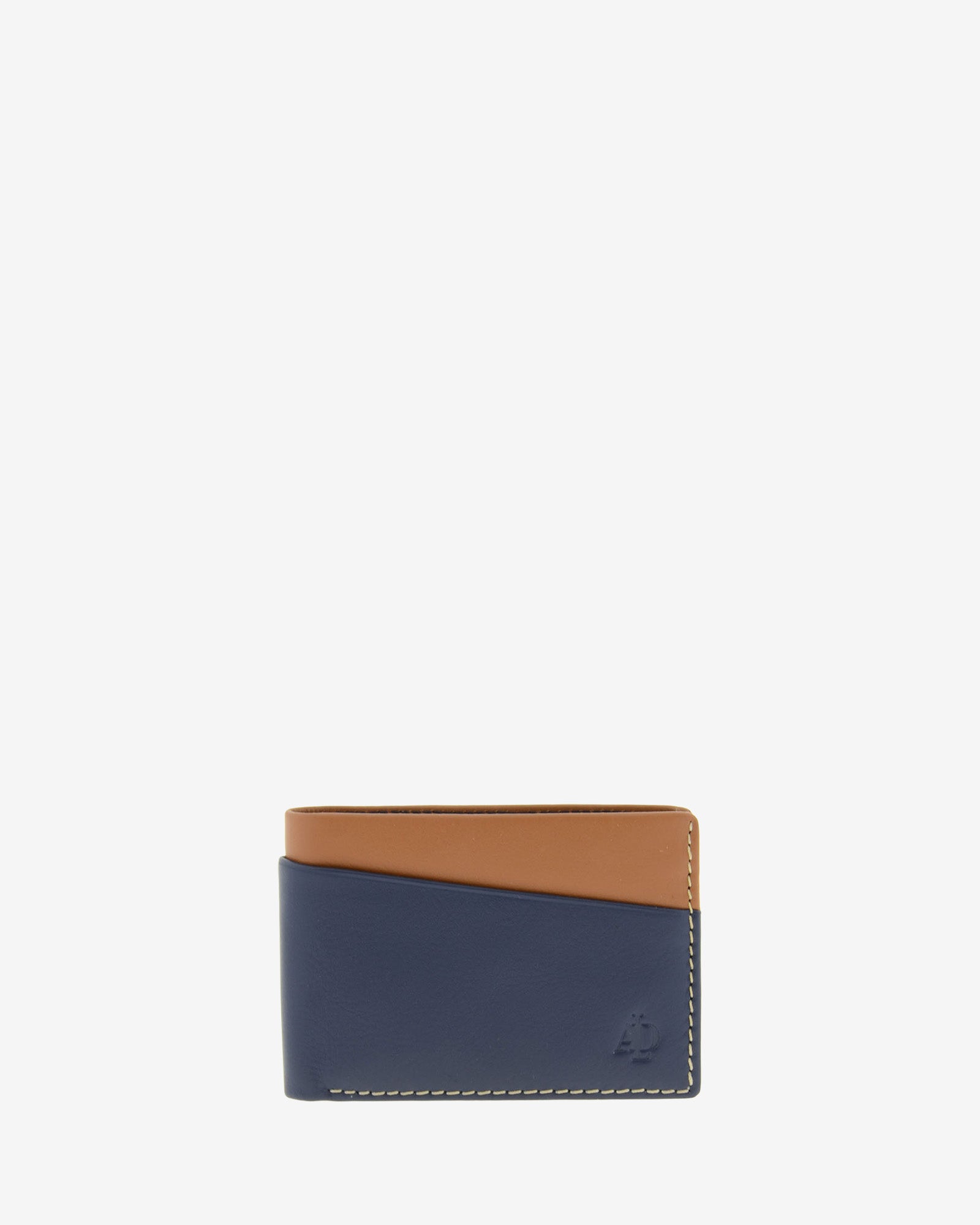 Cartera de hombre pequeña de piel genuina en color marino y cuero, con compartimento exterior, vista frontal plana, referencia 1612-20