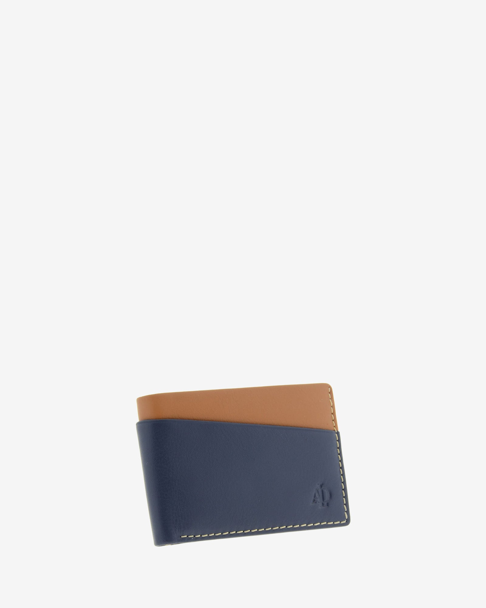 Cartera de hombre pequeña de piel genuina en color marino y cuero, con compartimento exterior, vista frontal mostrando diseño y volumen, referencia 1612-20