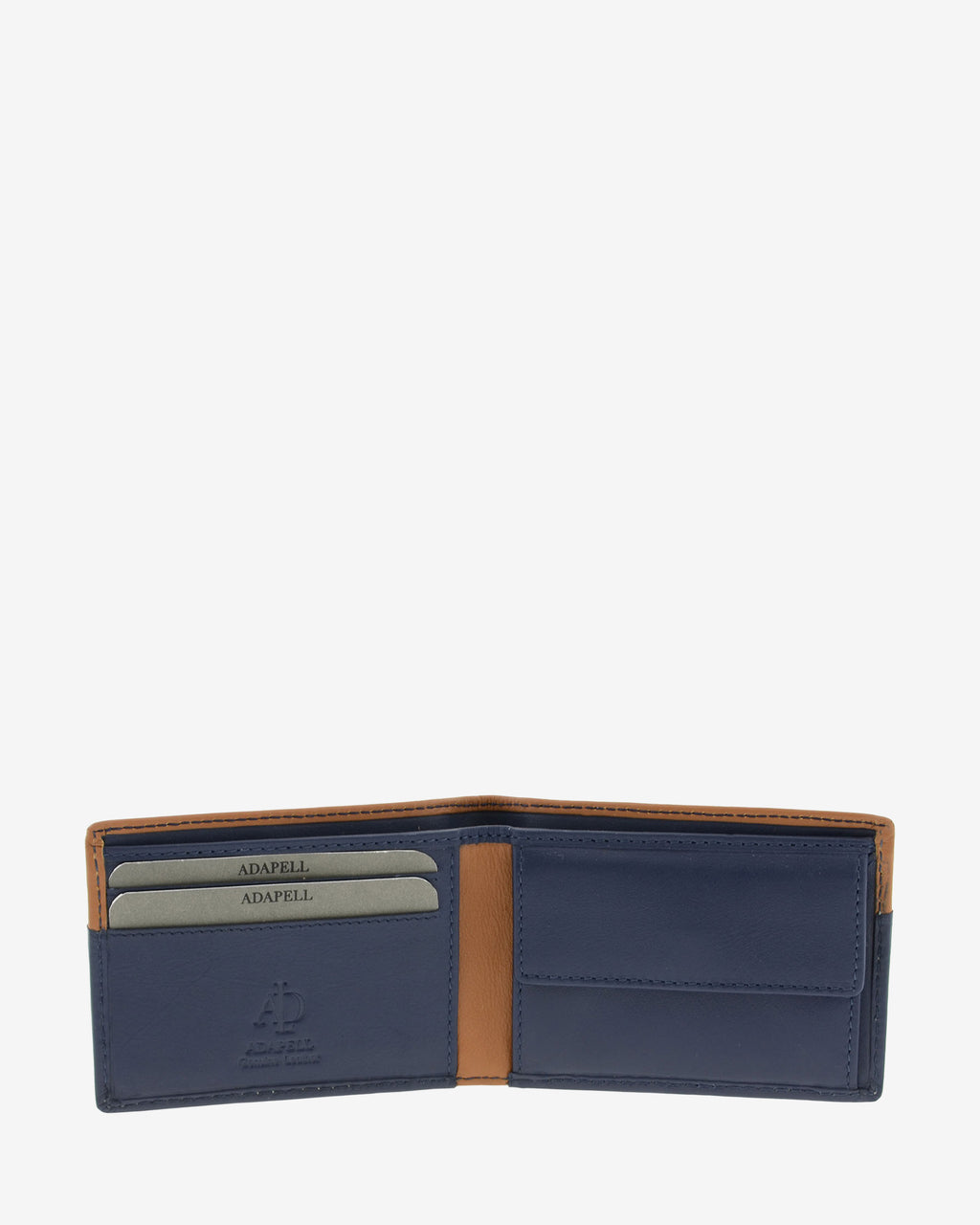 Cartera de hombre pequeña de piel genuina en color marino y cuero, vista interior mostrando compartimentos interiores y monedero, referencia 1612-20