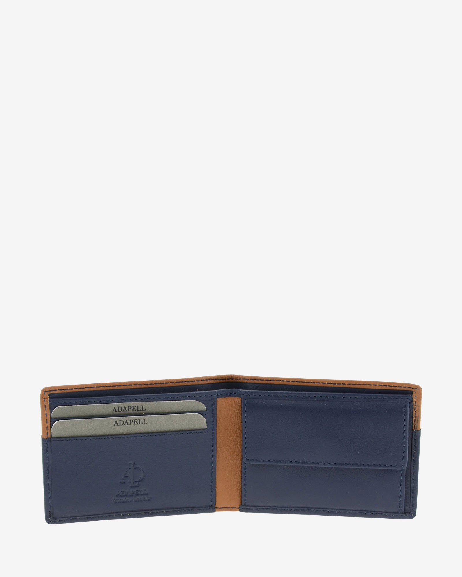 Cartera de hombre pequeña de piel genuina en color marino y cuero, vista interior mostrando compartimentos interiores y monedero, referencia 1612-20