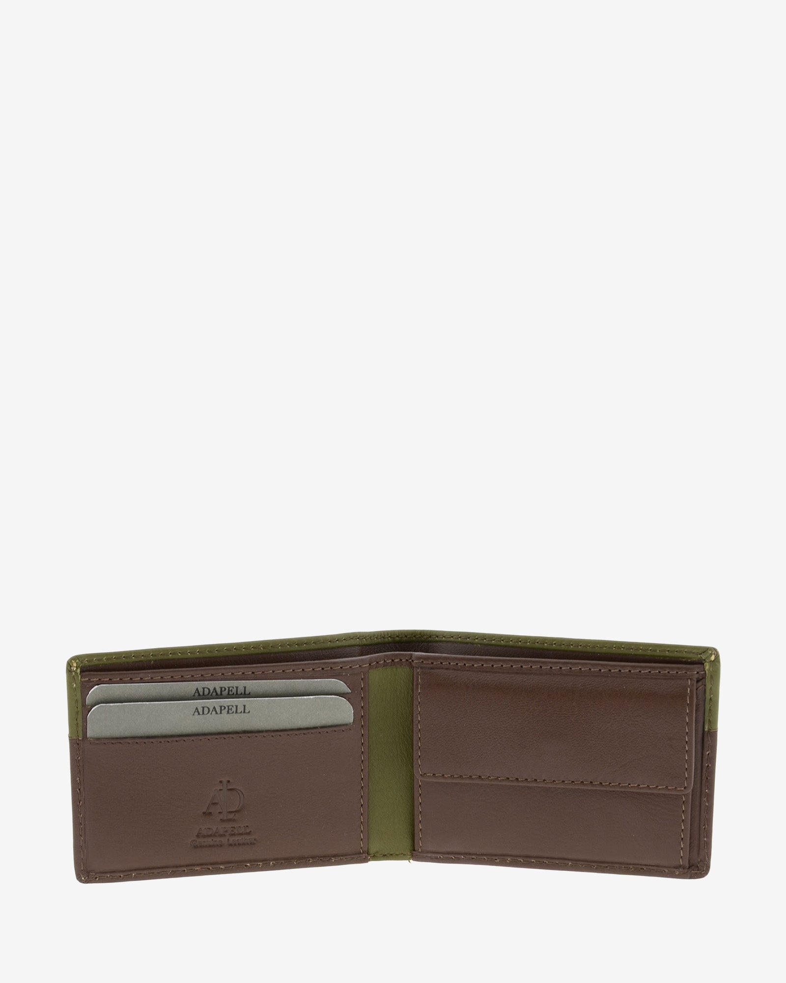 Cartera de hombre pequeña de piel genuina en color marrón y oliva, vista interior mostrando compartimentos interiores y monedero, referencia 1612-2
