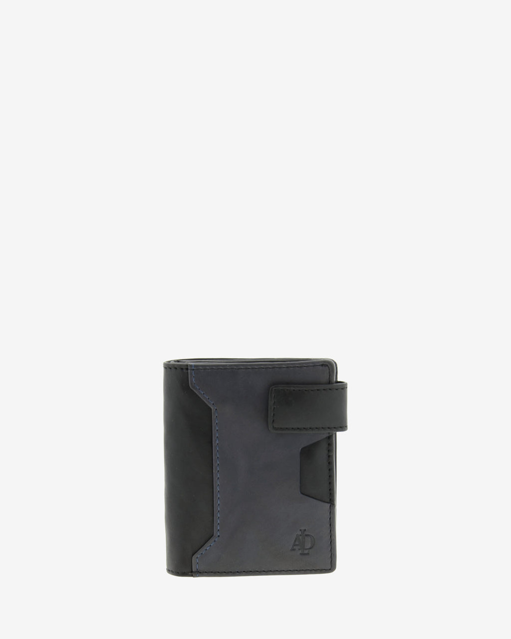 Cartera de hombre de piel genuina en color negro y gris, con compartimento exterior para tarjeta y cierre de botón, vista frontal plana mostrando diseño y volumen, referencia 1613-1