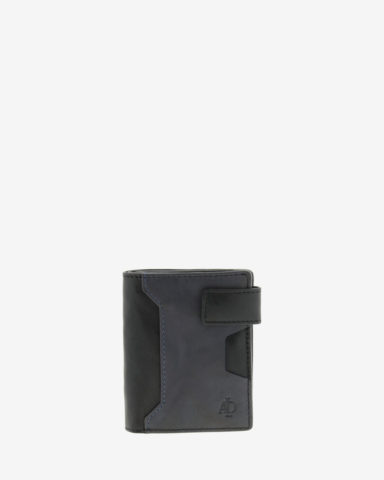 Cartera de hombre de piel genuina en color negro y gris, con compartimento exterior para tarjeta y cierre de botón, vista frontal plana mostrando diseño y volumen, referencia 1613-1