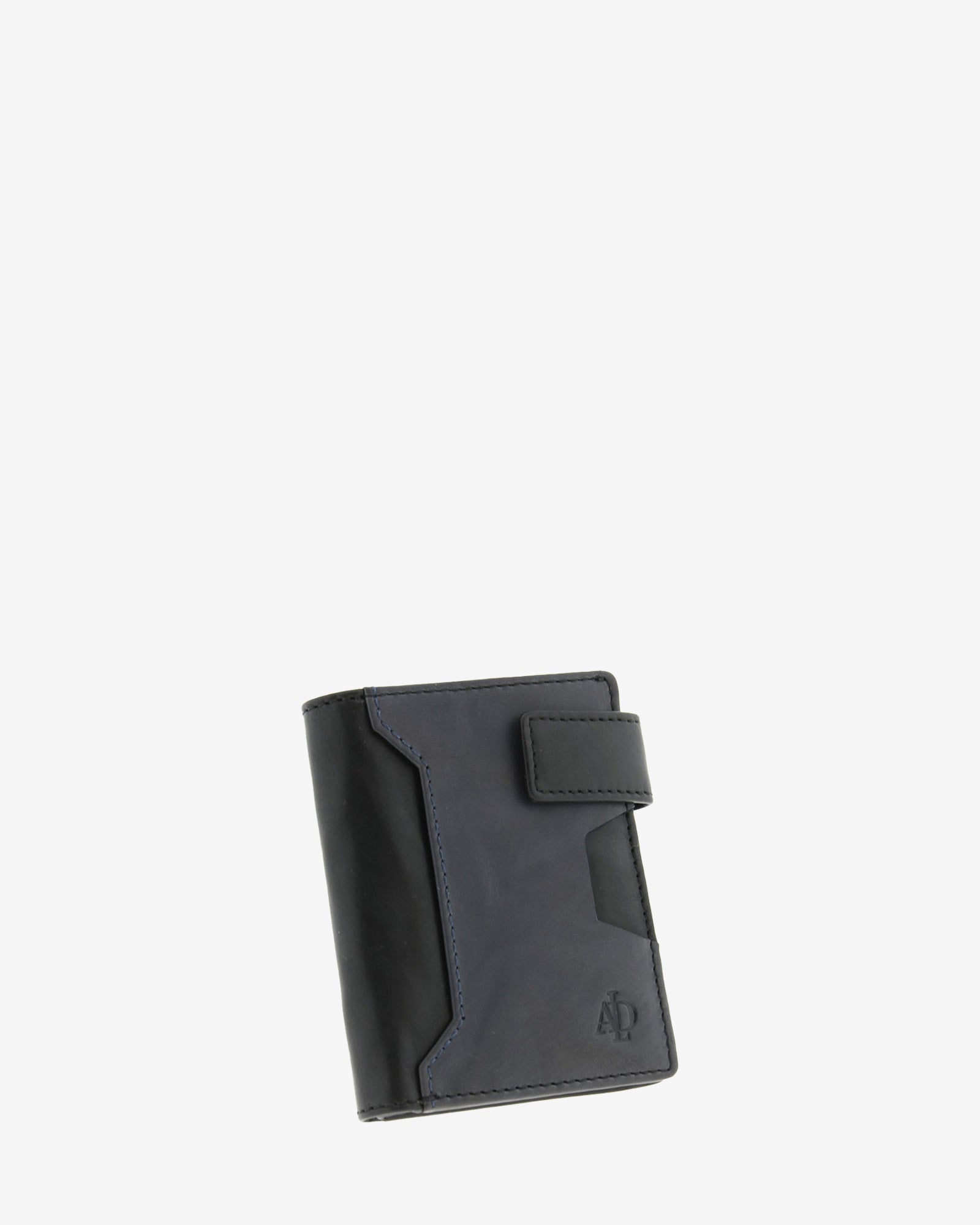 Cartera de hombre de piel genuina en color negro y gris, con compartimento exterior para tarjeta y cierre de botón, vista frontal mostrando diseño y volumen, referencia 1613-1
