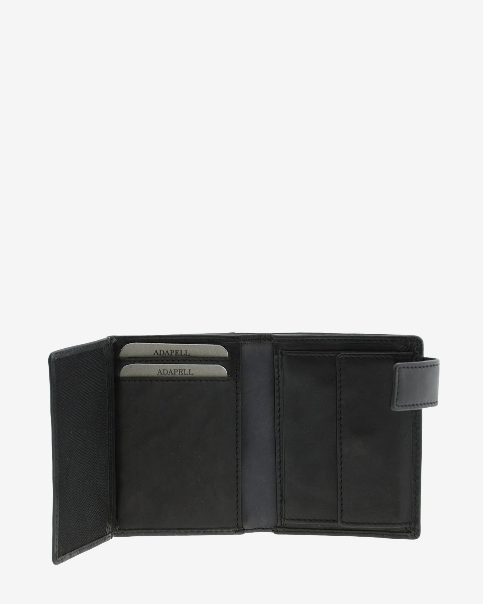 Cartera de hombre de piel genuina en color negro y gris, vista interior abierta mostrando compartimentos y monedero, referencia 1613-1