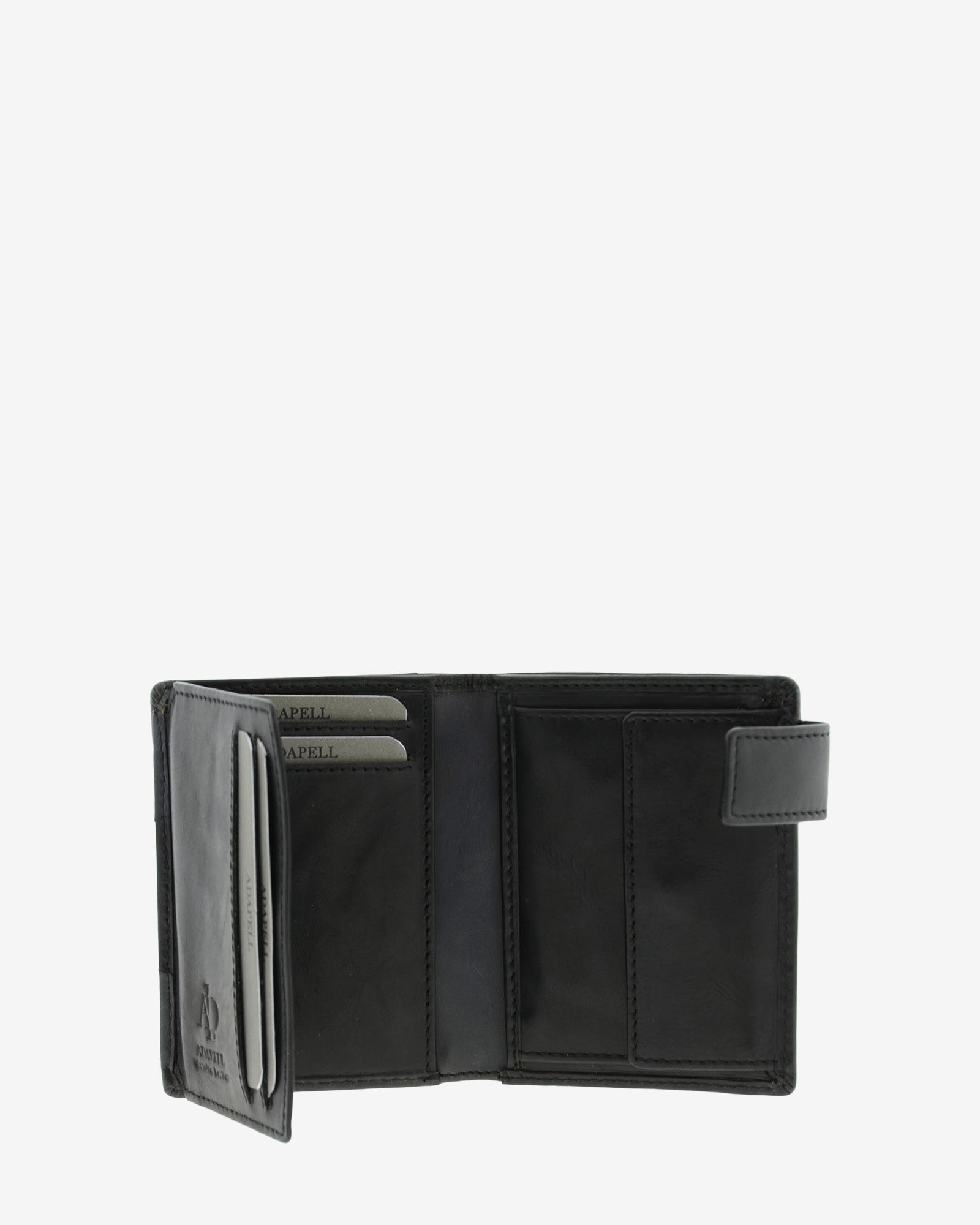 Cartera de hombre de piel genuina en color negro y gris, vista interior mostrando compartimentos y monedero, referencia 1613-1