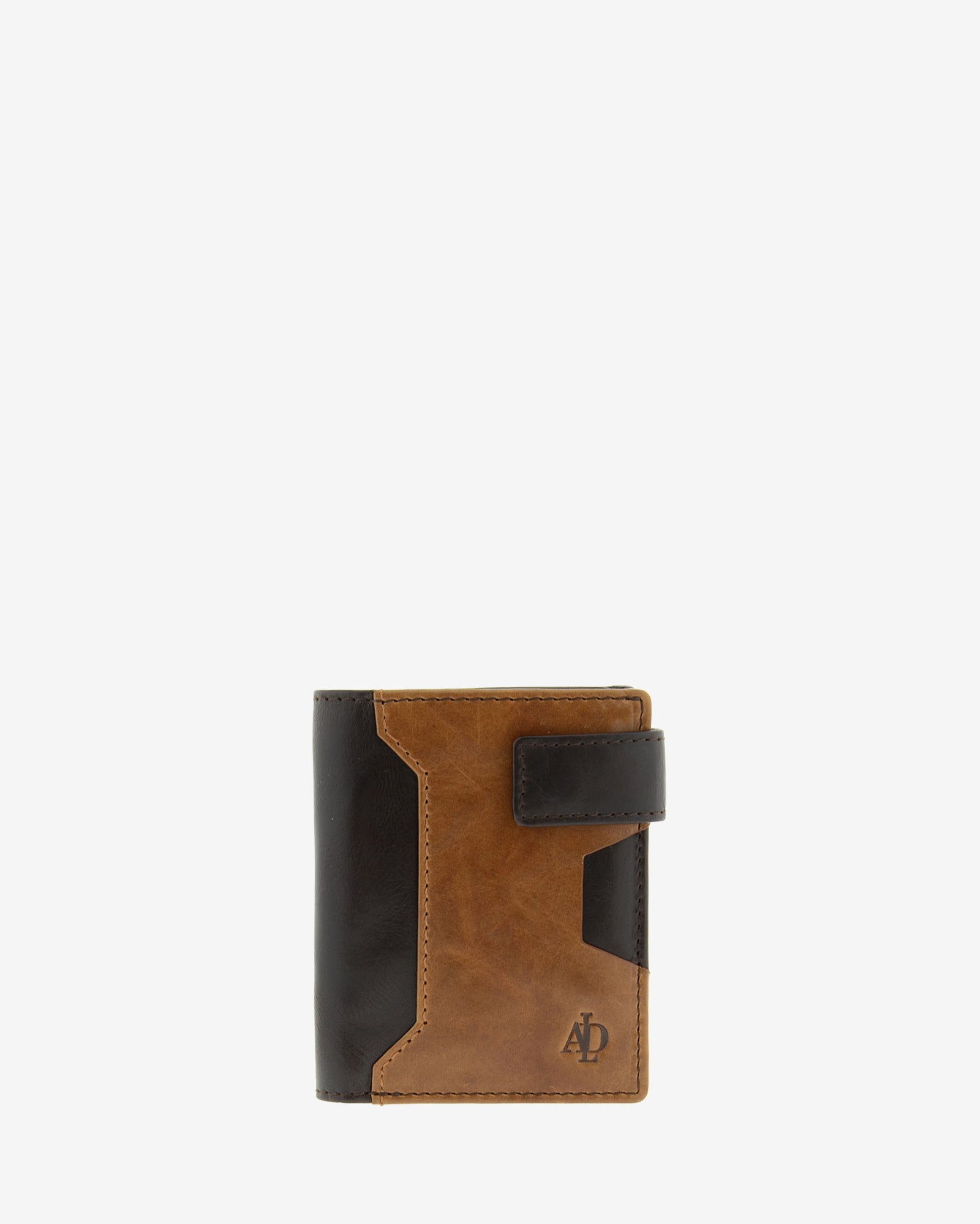 Cartera de hombre de piel genuina en colores marrón chocolate y cuero, con compartimento exterior para tarjeta y cierre de botón, vista frontal plana mostrando diseño y volumen, referencia 1613-2