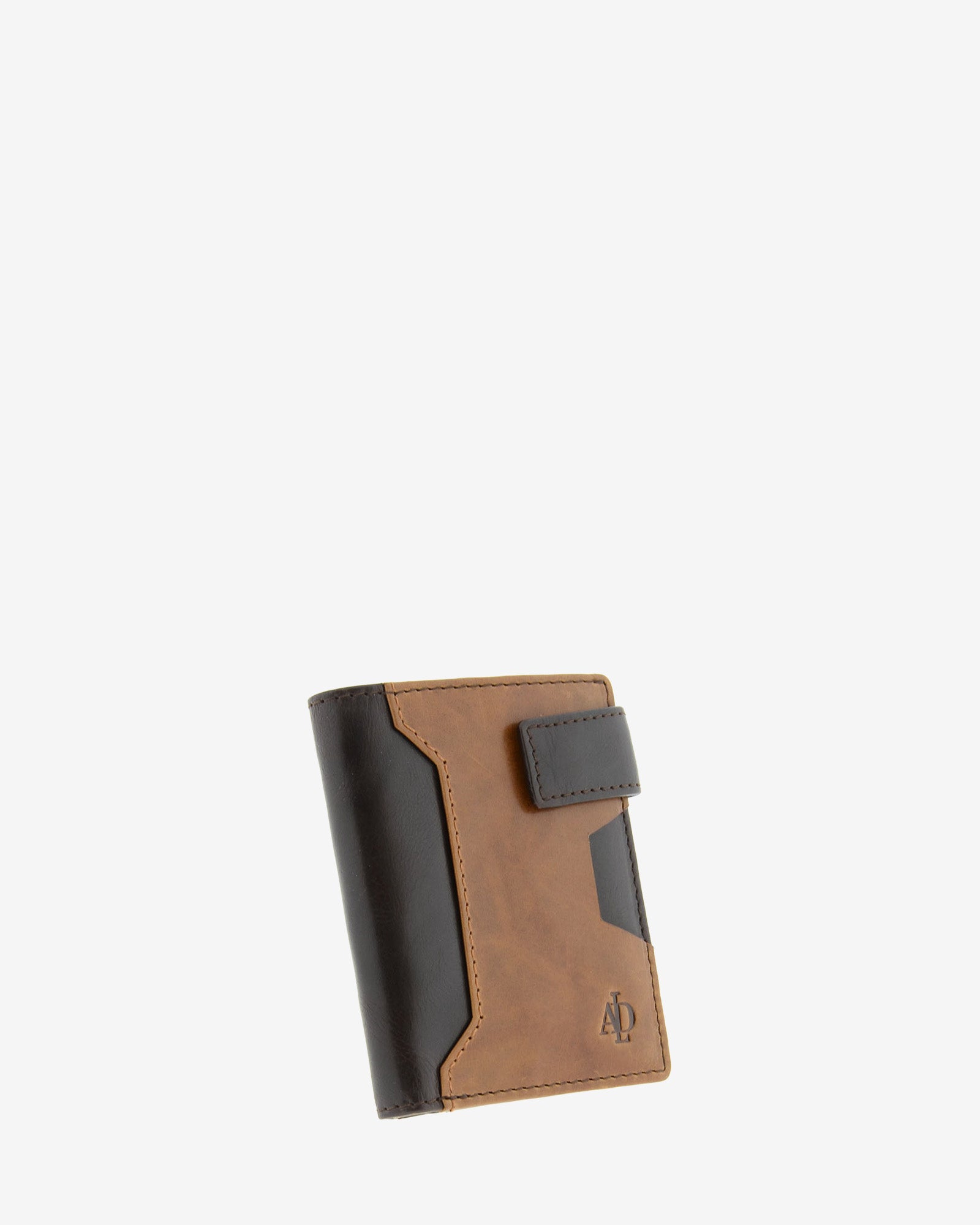 Cartera de hombre de piel genuina en colores marrón chocolate y cuero, con compartimento exterior para tarjeta y cierre de botón, vista frontal mostrando diseño y volumen, referencia 1613-2