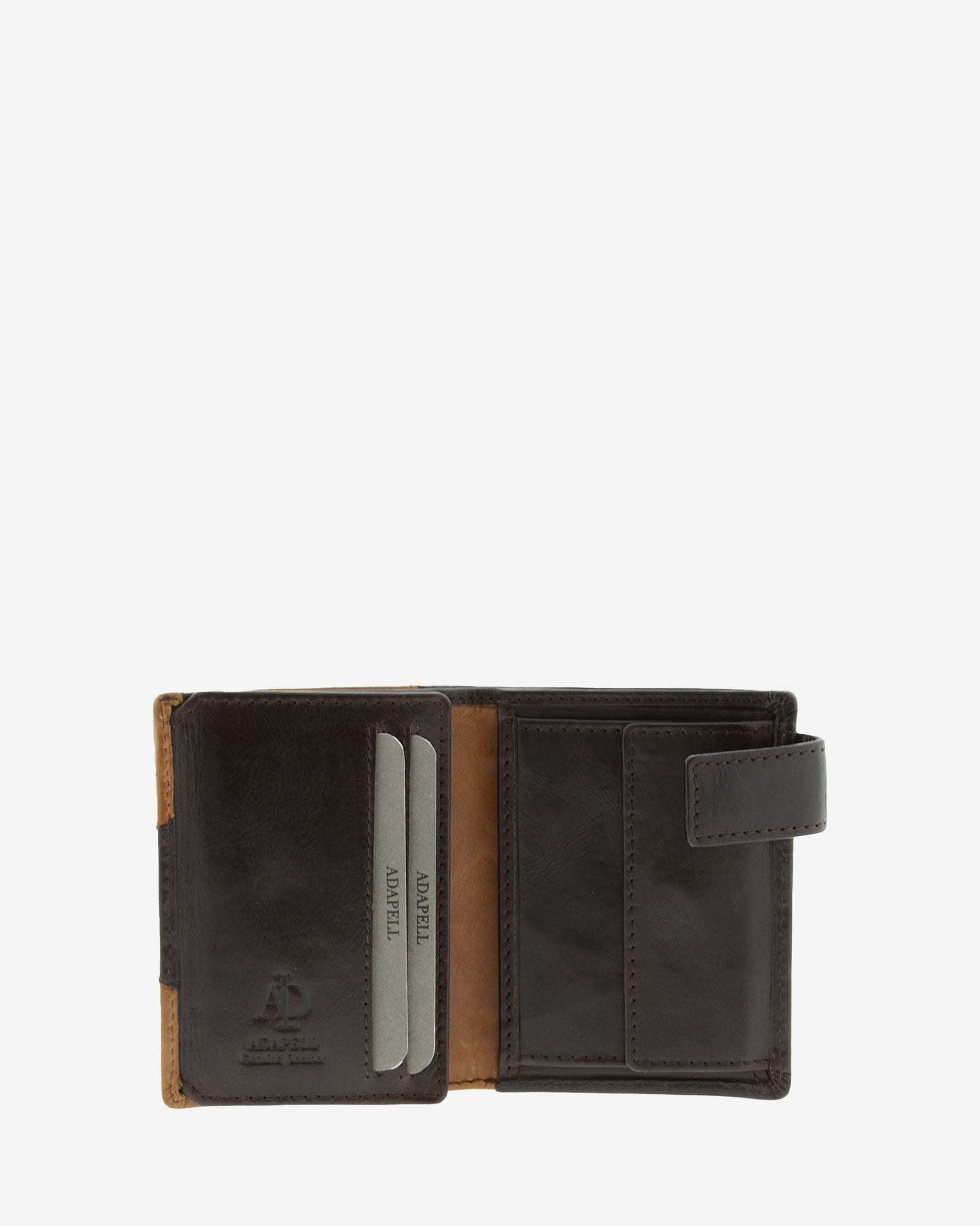 Cartera de hombre de piel genuina en colores marrón chocolate y cuero, vista interior mostrando compartimentos y monedero, referencia 1613-2
