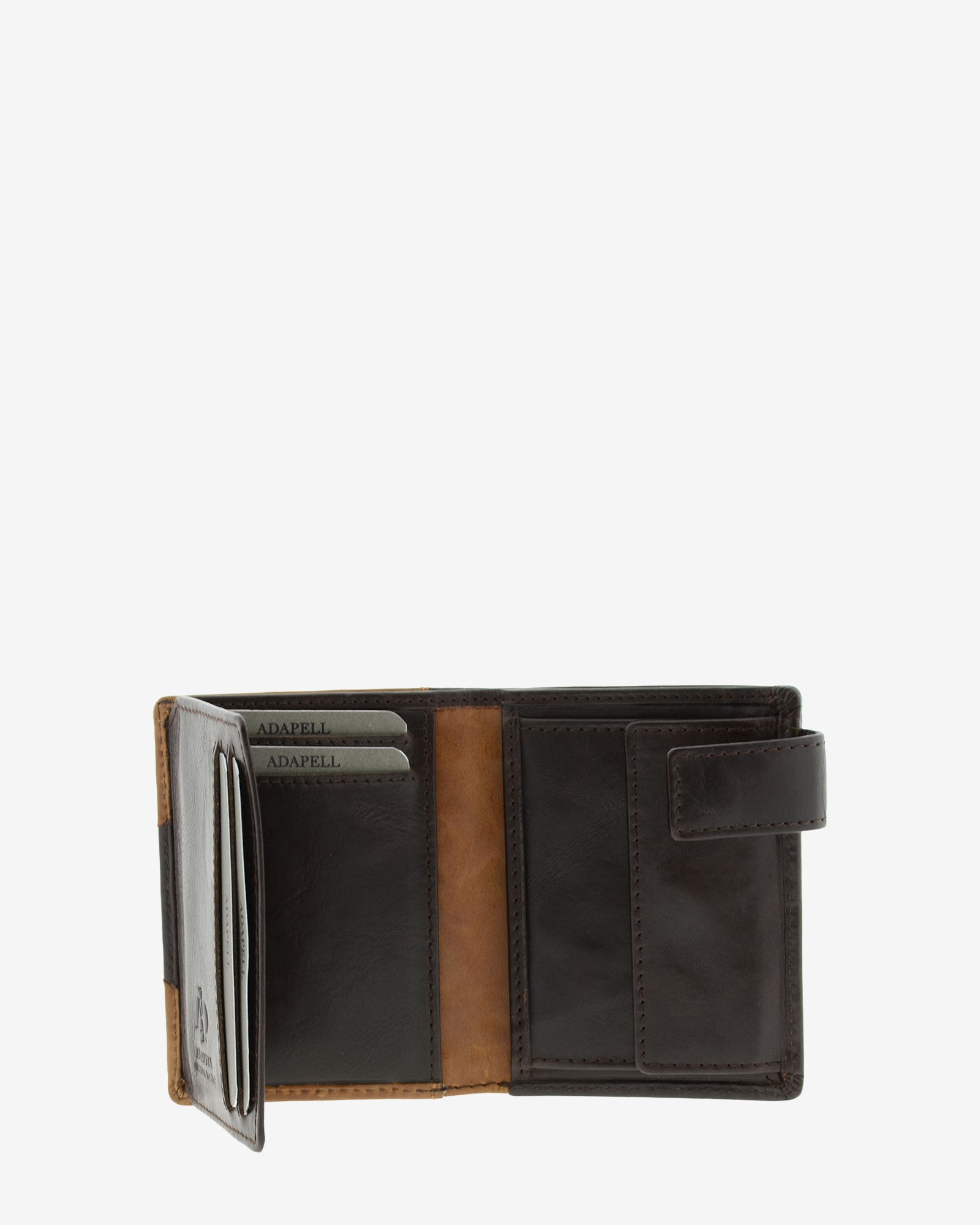 Cartera de hombre de piel genuina en colores marrón chocolate y cuero, vista interior abierta mostrando compartimentos y monedero, referencia 1613-2