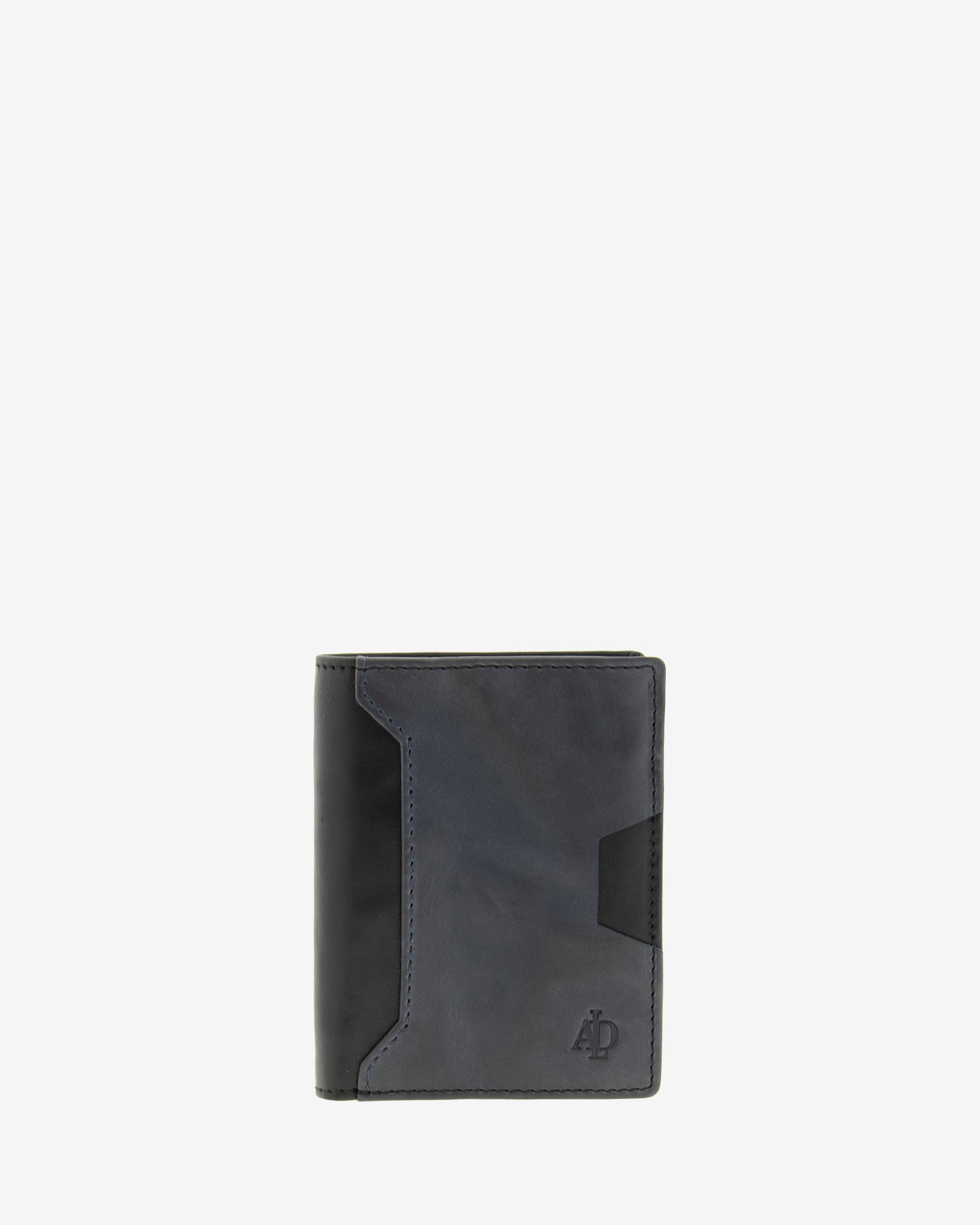 Cartera de hombre de piel genuina en color negro y gris, con compartimento exterior para tarjeta, vista frontal plana mostrando diseño y volumen, referencia 1614-1