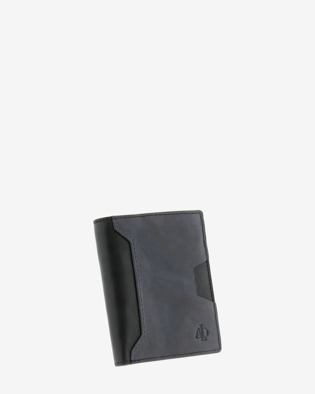 Cartera de hombre de piel genuina en color negro y gris, con compartimento exterior para tarjeta, vista frontal mostrando diseño y volumen, referencia 1614-1