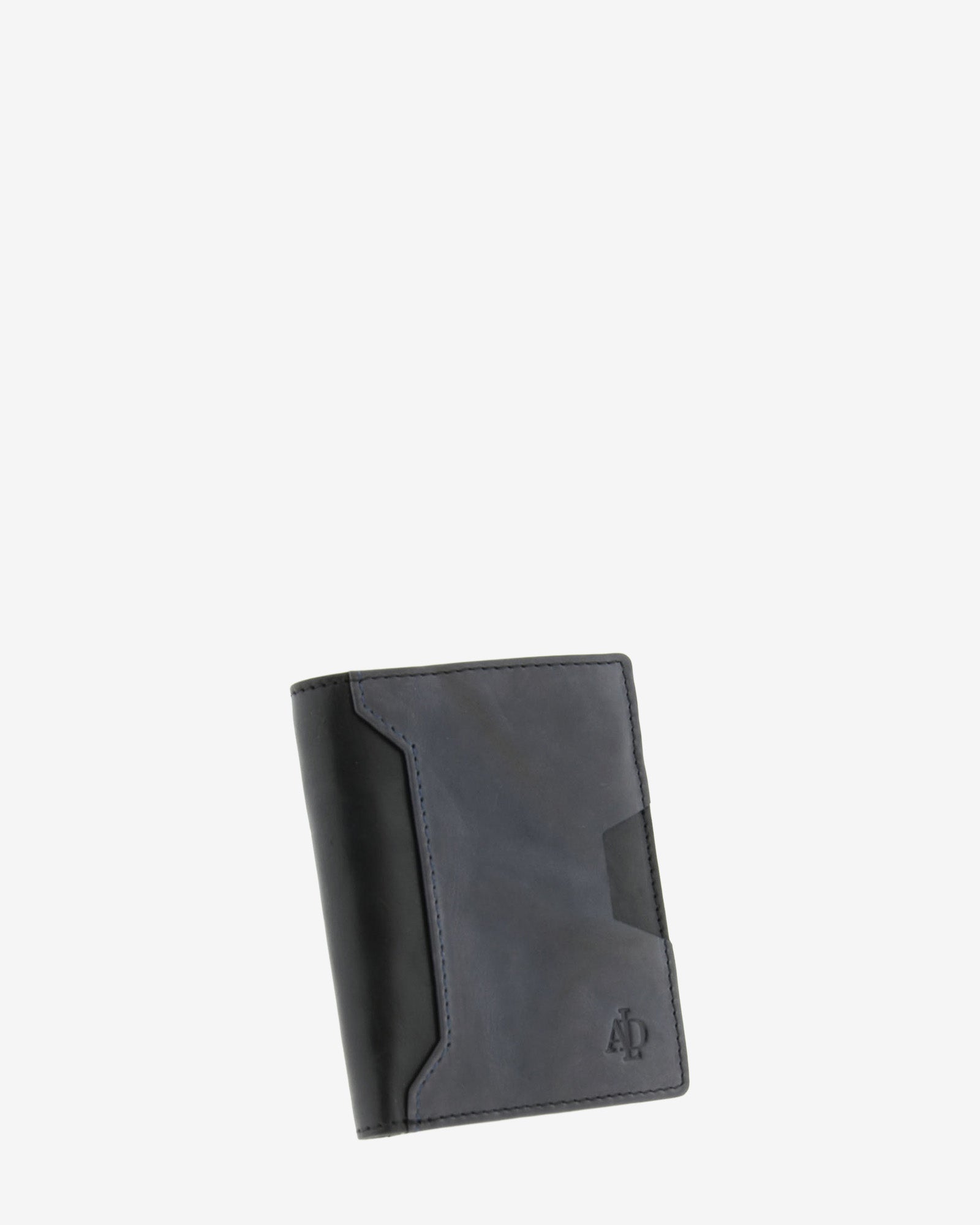 Cartera de hombre de piel genuina en color negro y gris, con compartimento exterior para tarjeta, vista frontal mostrando diseño y volumen, referencia 1614-1