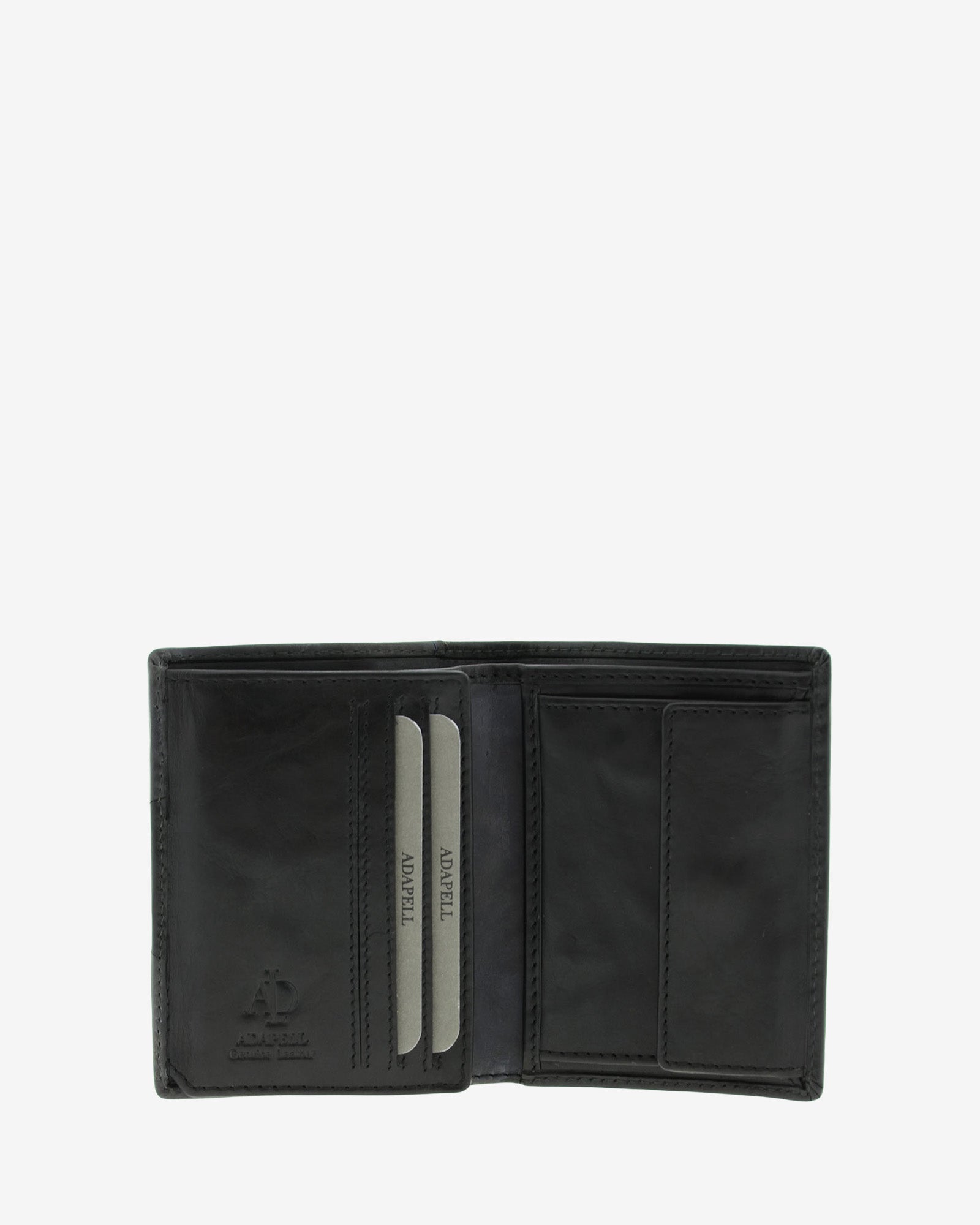 Cartera de hombre de piel genuina en color negro y gris, vista interior mostrando compartimentos y monedero, referencia 1614-1