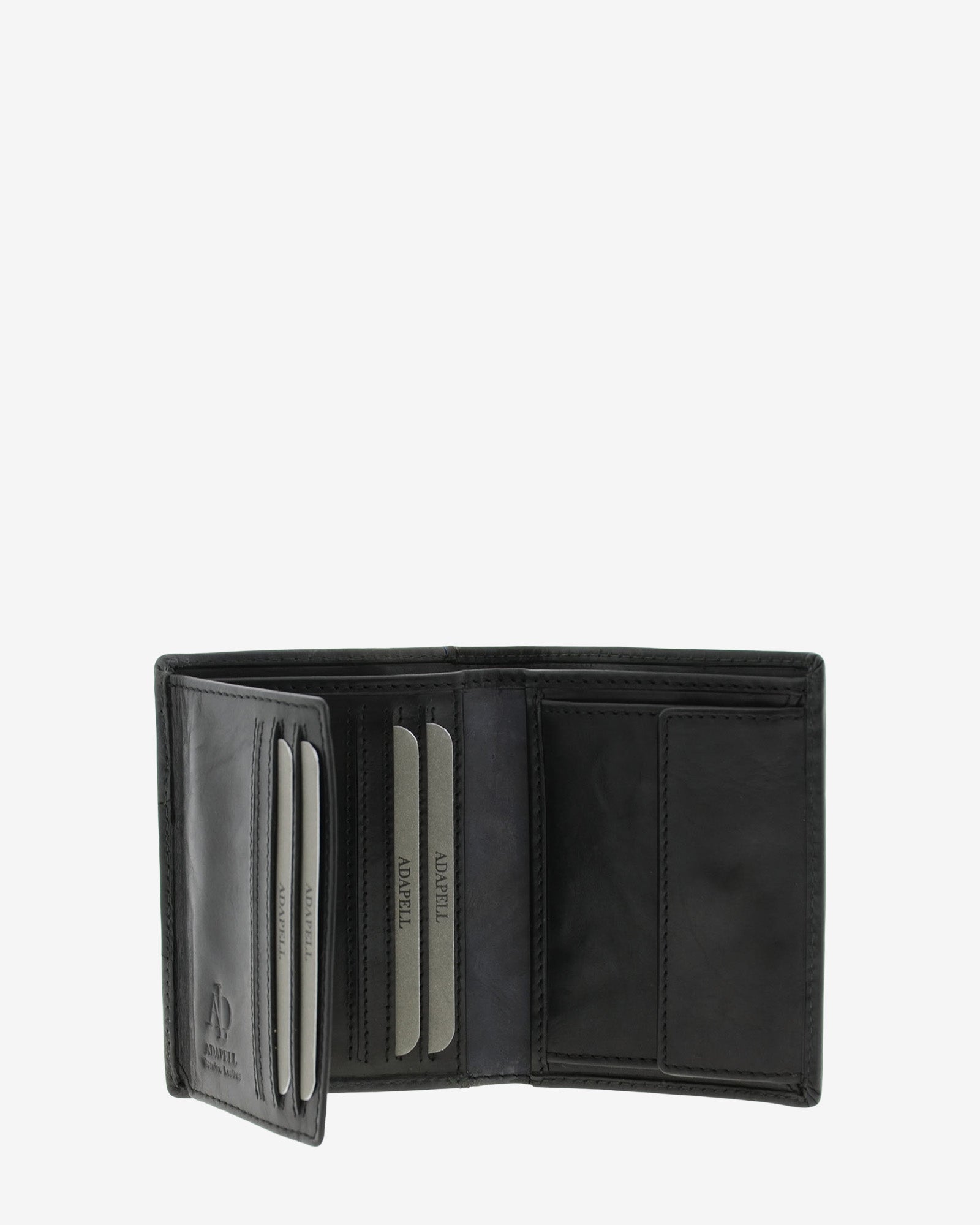 Cartera de hombre de piel genuina en color negro y gris, vista interior abierta mostrando compartimentos y monedero, referencia 1614-1