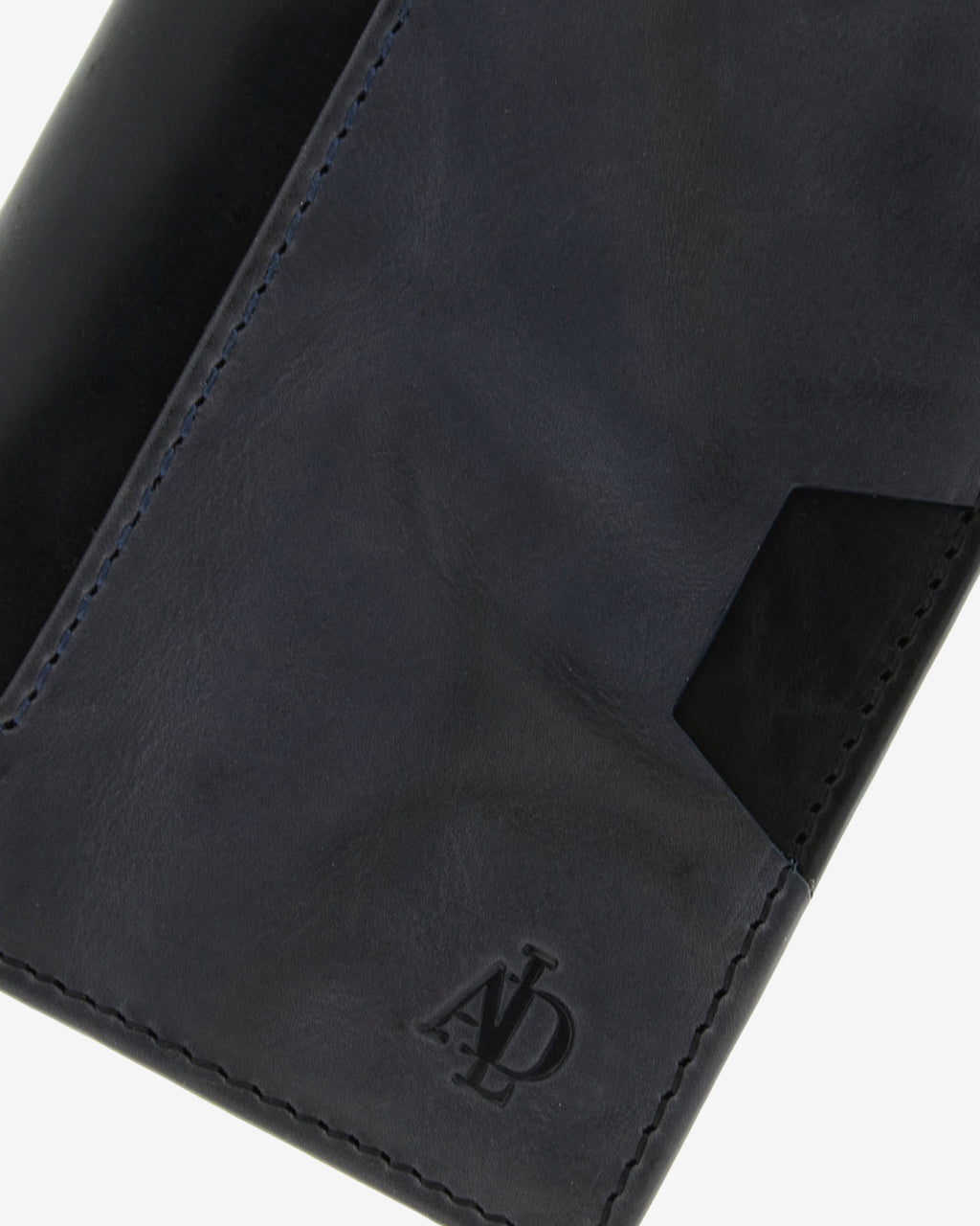 Cartera de hombre de piel genuina en color negro y gris, con compartimento exterior para tarjeta, vista detalle exterior, referencia 1614-1