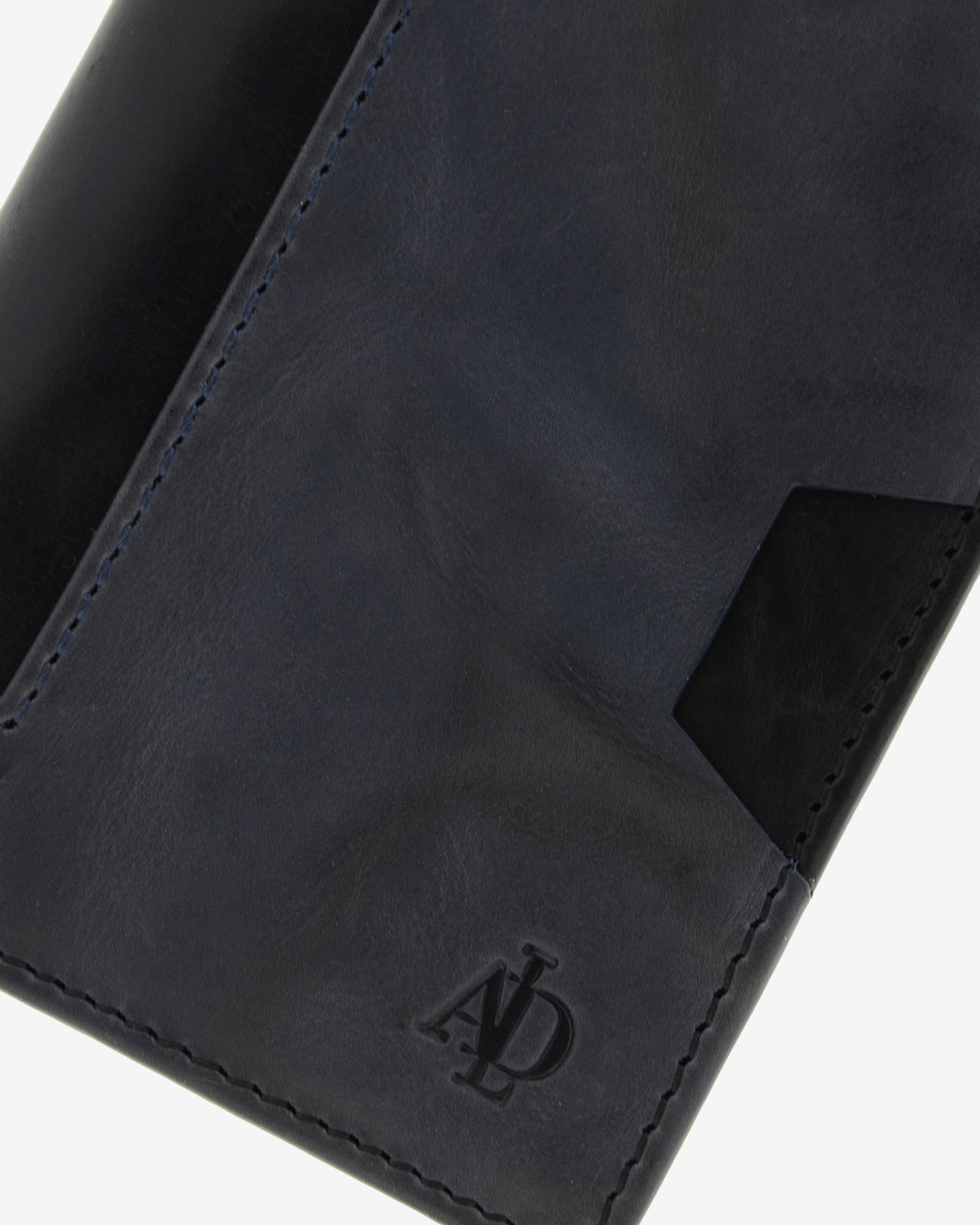 Cartera de hombre de piel genuina en color negro y gris, con compartimento exterior para tarjeta, vista detalle exterior, referencia 1614-1