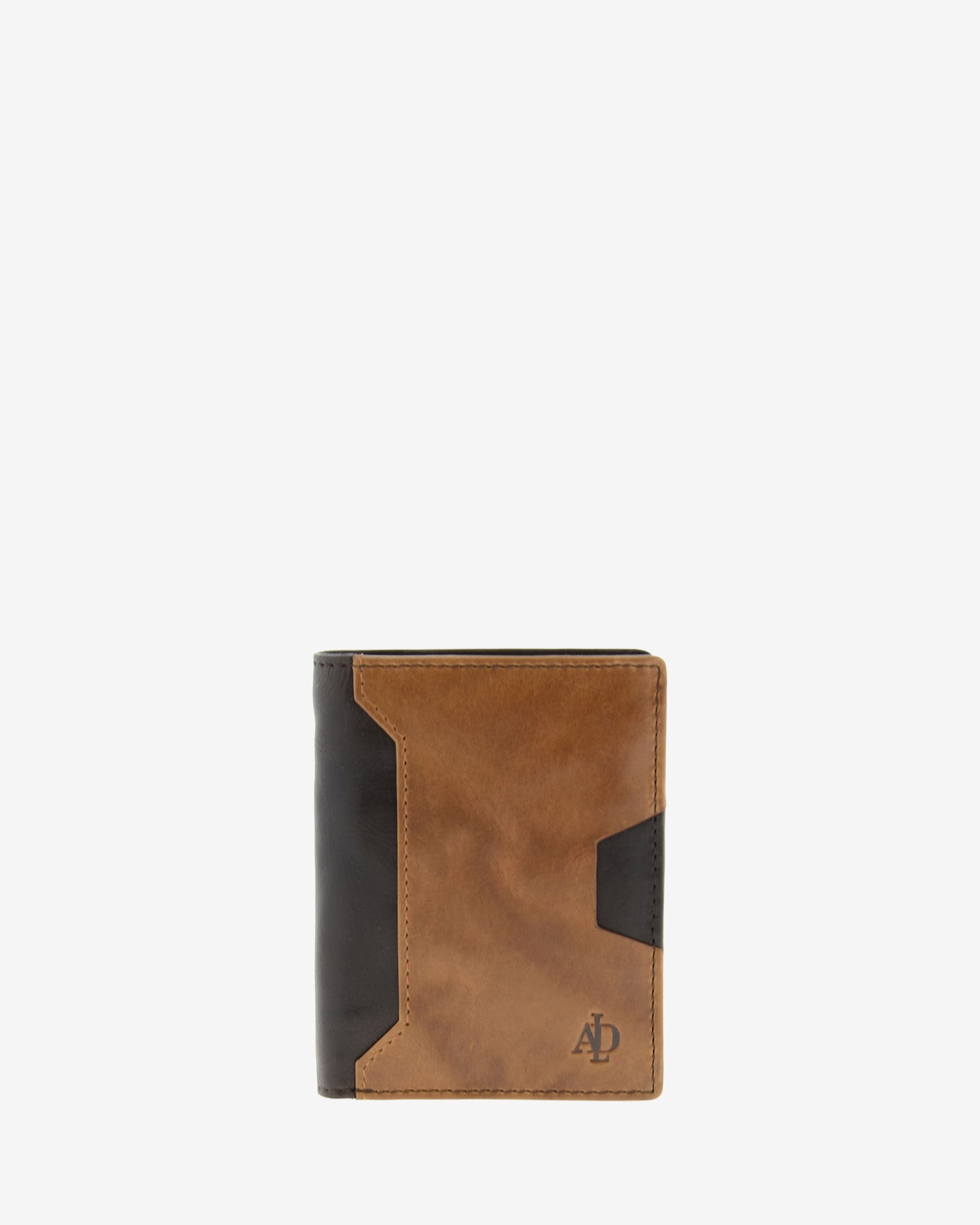 Cartera de hombre de piel genuina en colores marrón chocolate y cuero, con compartimento exterior para tarjeta, vista frontal plana mostrando diseño y volumen, referencia 1614-2