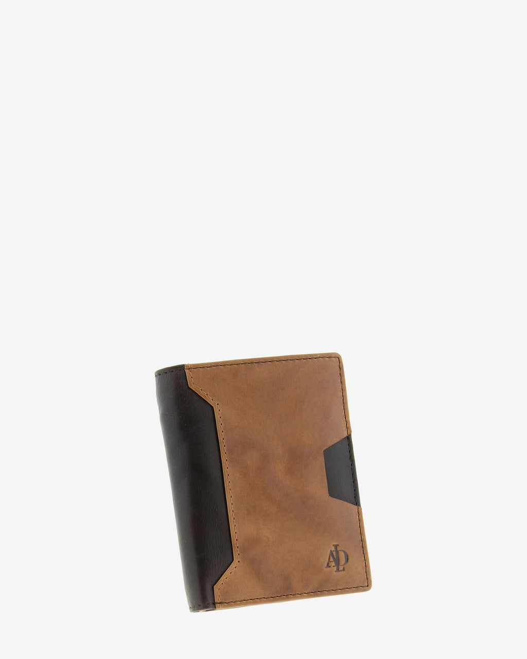Cartera de hombre de piel genuina en colores marrón chocolate y cuero, con compartimento exterior para tarjeta, vista frontal mostrando diseño y volumen, referencia 1614-2