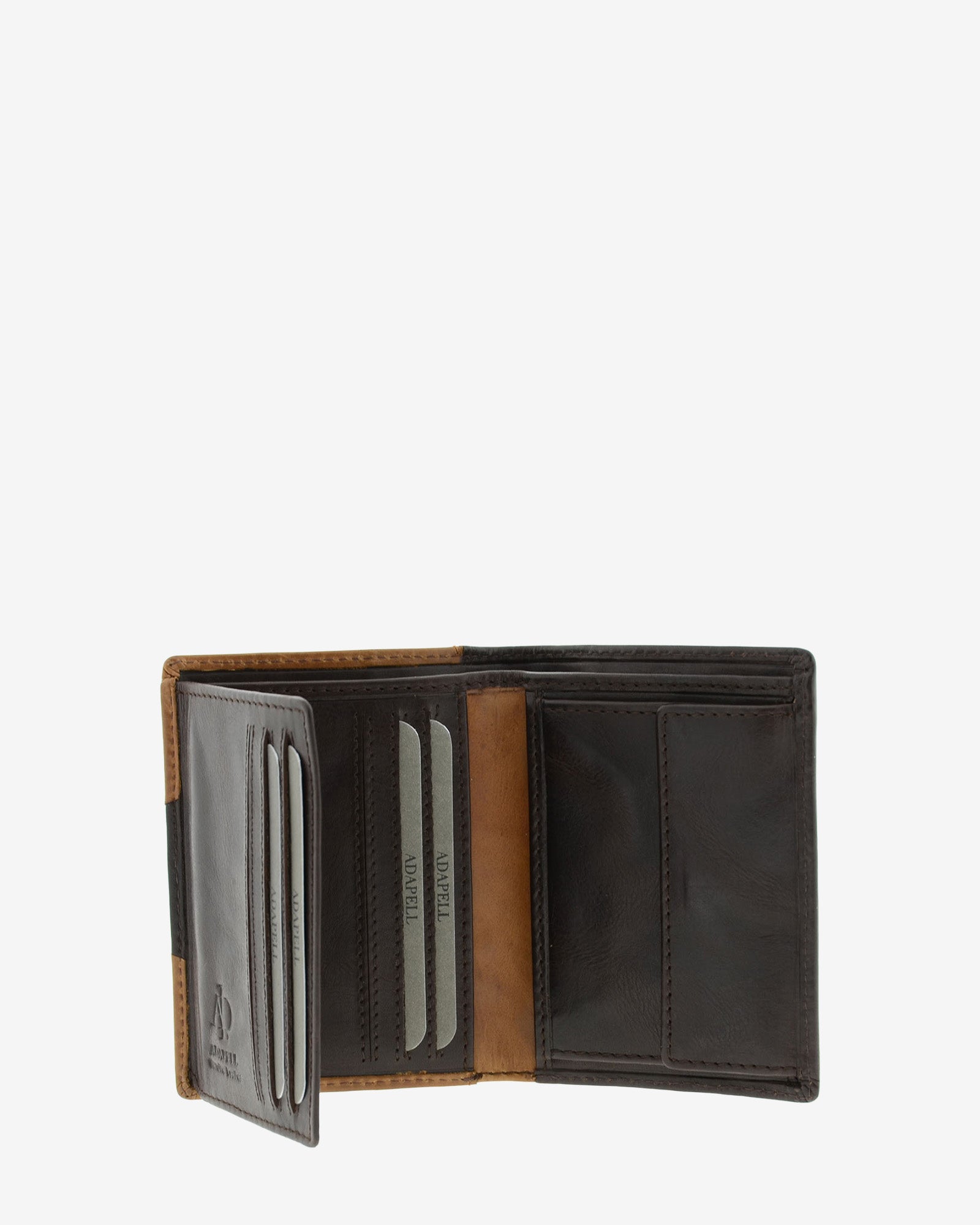 Cartera de hombre de piel genuina en colores marrón chocolate y cuero, vista interior mostrando compartimentos y monedero, referencia 1614-2