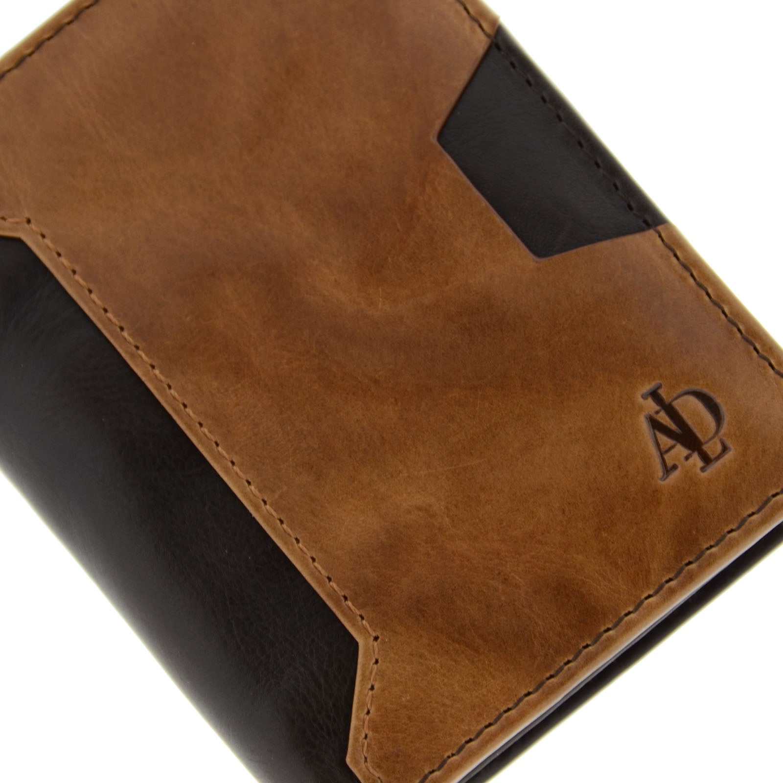 Cartera de hombre de piel genuina en colores marrón chocolate y cuero, con compartimento exterior para tarjeta, vista detalle exterior, referencia 1614-2