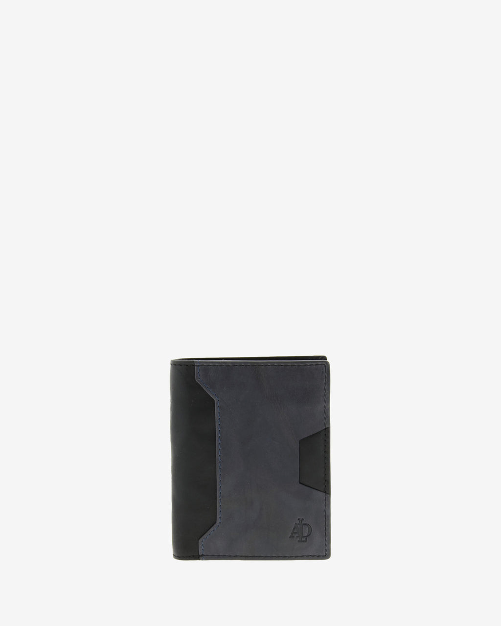 Cartera de hombre pequeña de piel genuina en color negro y gris, con compartimento exterior para tarjeta, vista frontal plana mostrando diseño y volumen, referencia 1615-1