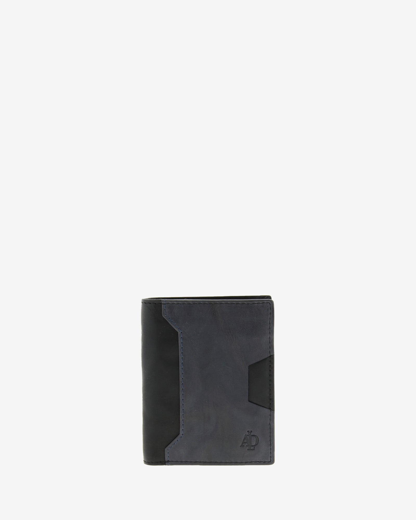 Cartera de hombre pequeña de piel genuina en color negro y gris, con compartimento exterior para tarjeta, vista frontal plana mostrando diseño y volumen, referencia 1615-1
