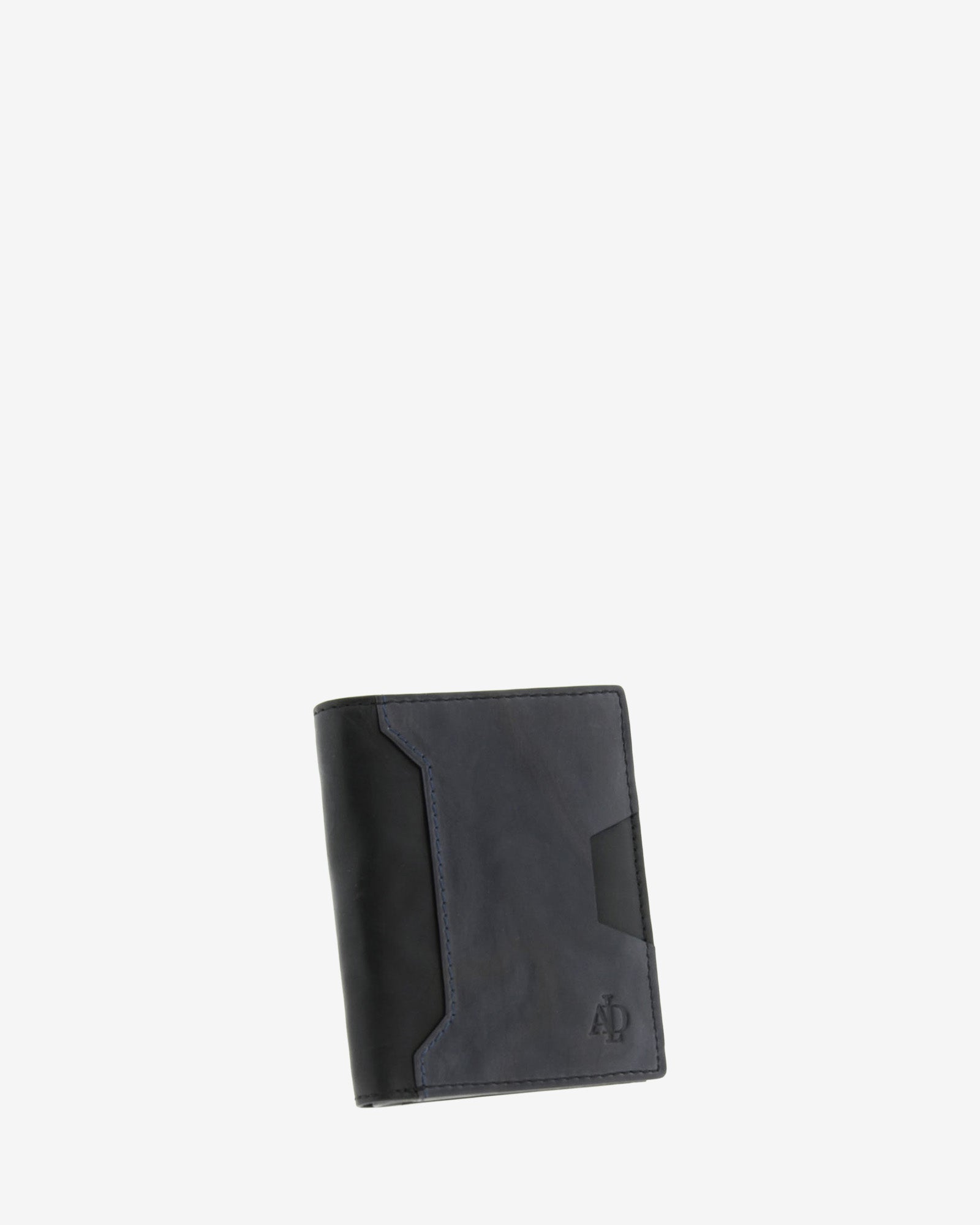 Cartera de hombre pequeña de piel genuina en color negro y gris, con compartimento exterior para tarjeta vista frontal mostrando diseño y volumen, referencia 1615-1