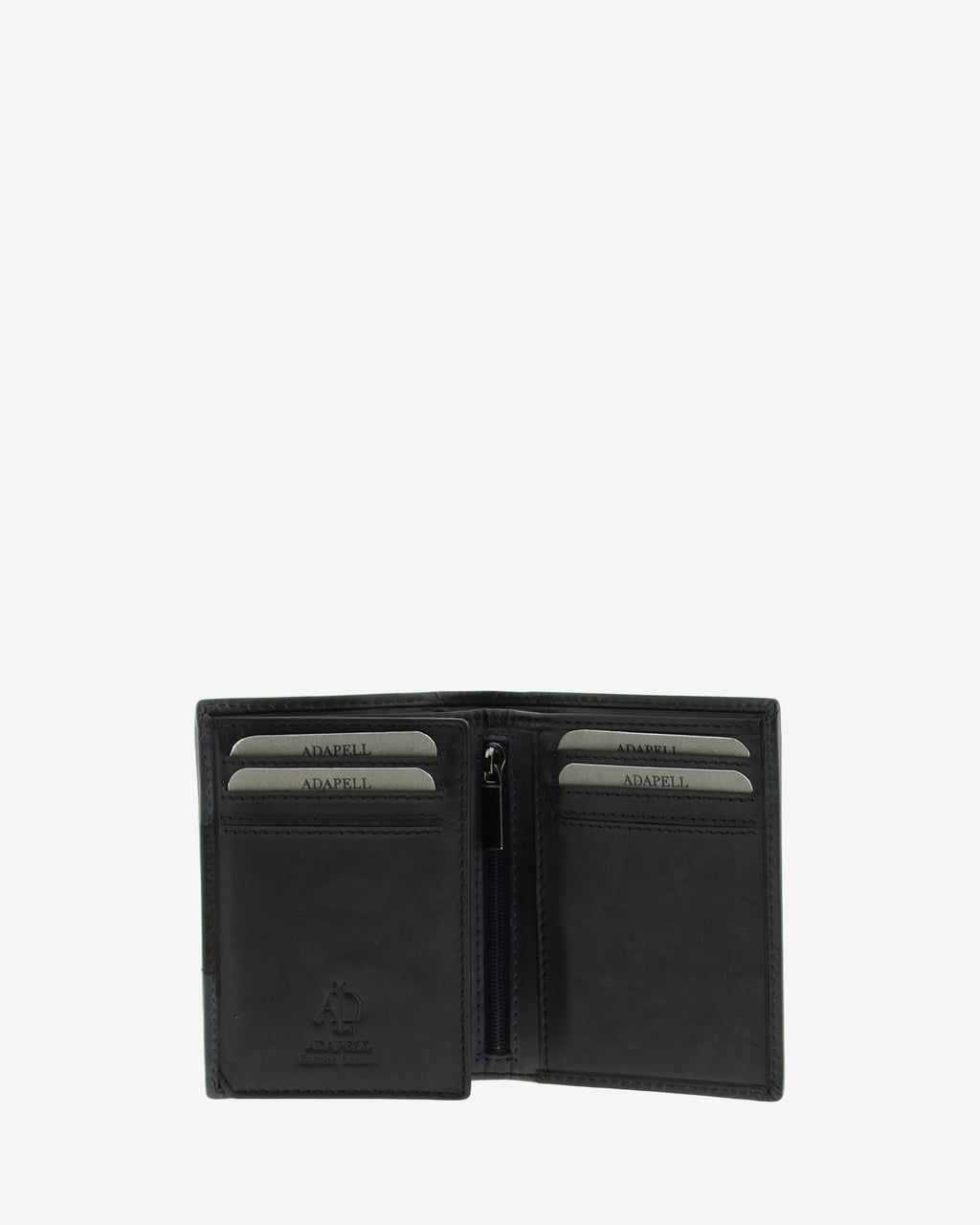 Cartera de hombre de piel genuina en color negro y gris, vista interior mostrando compartimentos y cremallera, referencia 1615-1