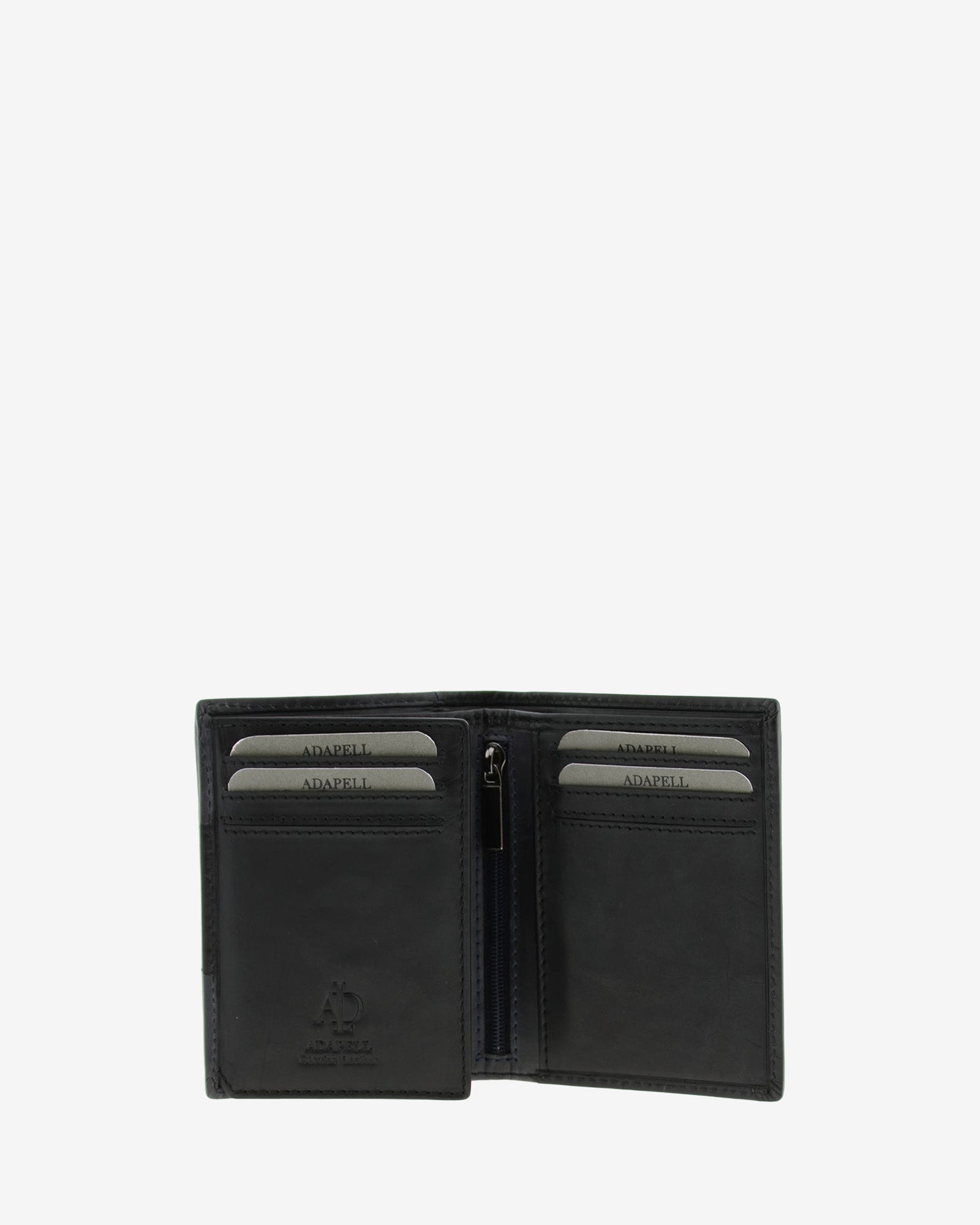 Cartera de hombre de piel genuina en color negro y gris, vista interior mostrando compartimentos y cremallera, referencia 1615-1