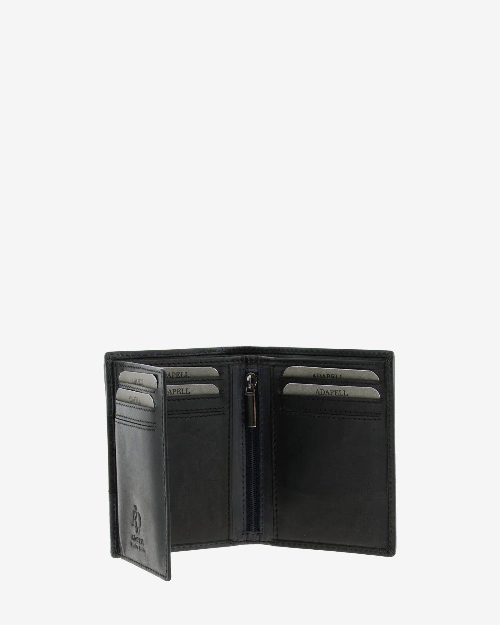 Cartera de hombre de piel genuina en color negro y gris, vista interior abierta mostrando compartimentos y cremallera, referencia 1615-1