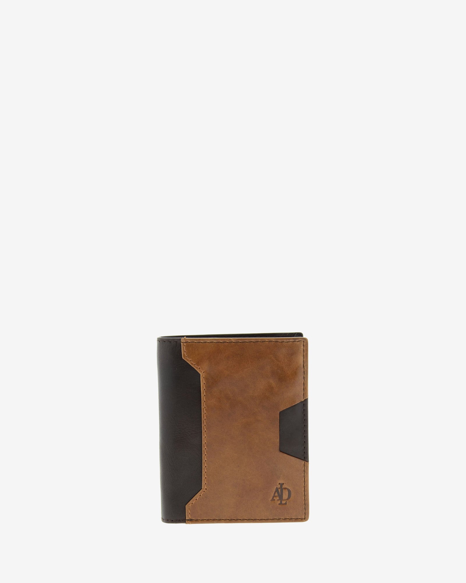 Cartera de hombre pequeña de piel genuina en colores marrón chocolate y cuero, con compartimento exterior para tarjeta, vista frontal plana mostrando diseño y volumen, referencia 1615-2
