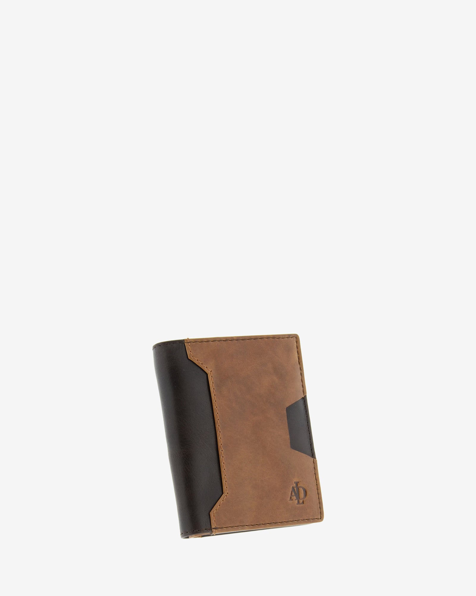 Cartera de hombre pequeña de piel genuina en colores marrón chocolate y cuero, con compartimento exterior para tarjeta, vista frontal mostrando diseño y volumen, referencia 1615-2