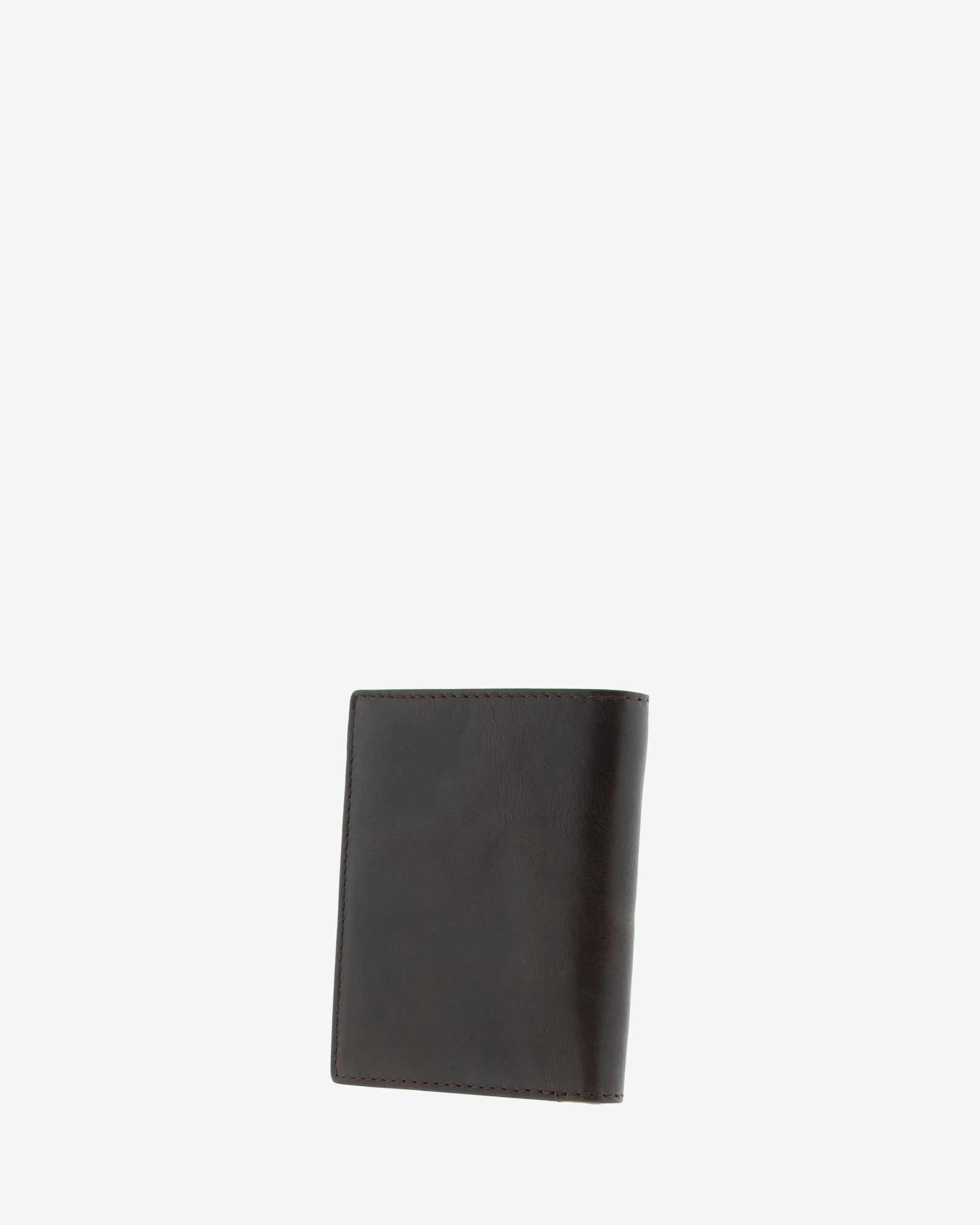 Cartera de hombre pequeña de piel genuina en colores marrón chocolate y cuero, vista trasera, referencia 1615-2