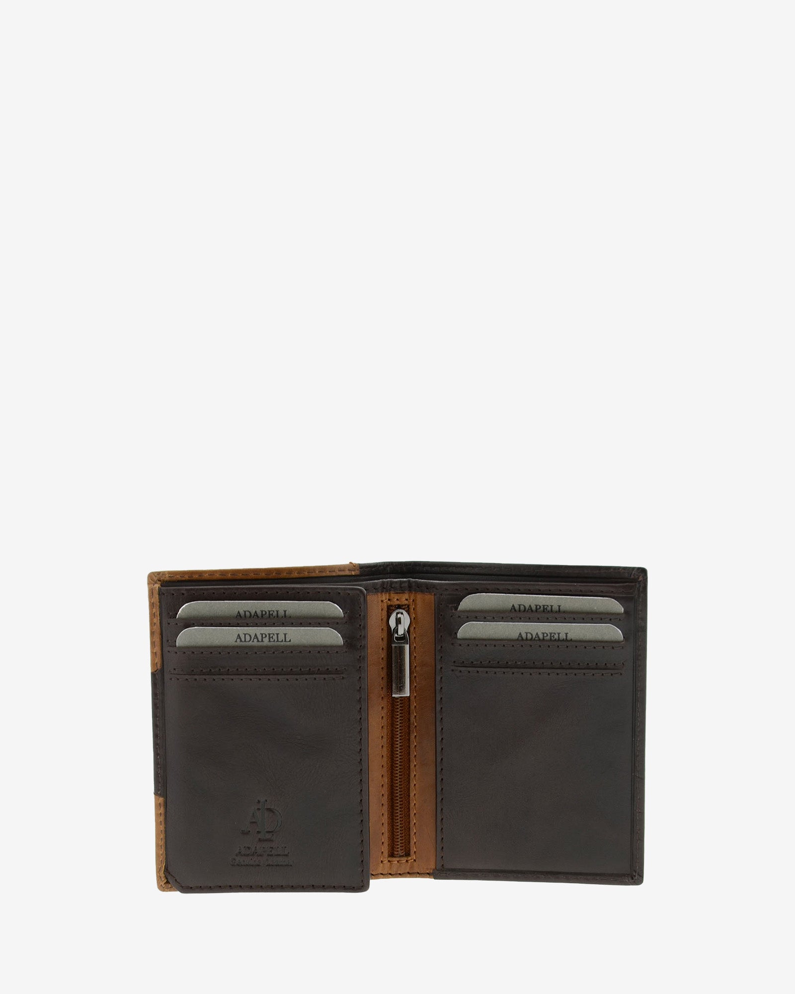 Cartera de hombre pequeña de piel genuina en colores marrón chocolate y cuero, vista interior mostrando compartimentos y cremallera, referencia 1615-2