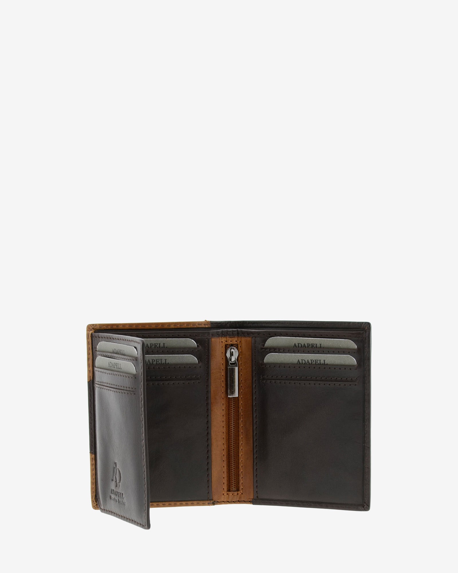 Cartera de hombre pequeña de piel genuina en colores marrón chocolate y cuero, vista interior abierta mostrando compartimentos y cremallera, referencia 1615-2