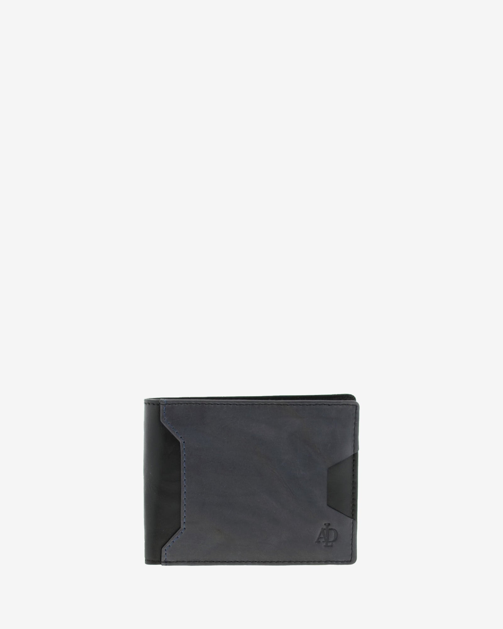 Cartera de hombre de piel genuina en color negro y gris, con compartimento exterior para tarjeta, vista frontal plana mostrando diseño y volumen, referencia 1616-1