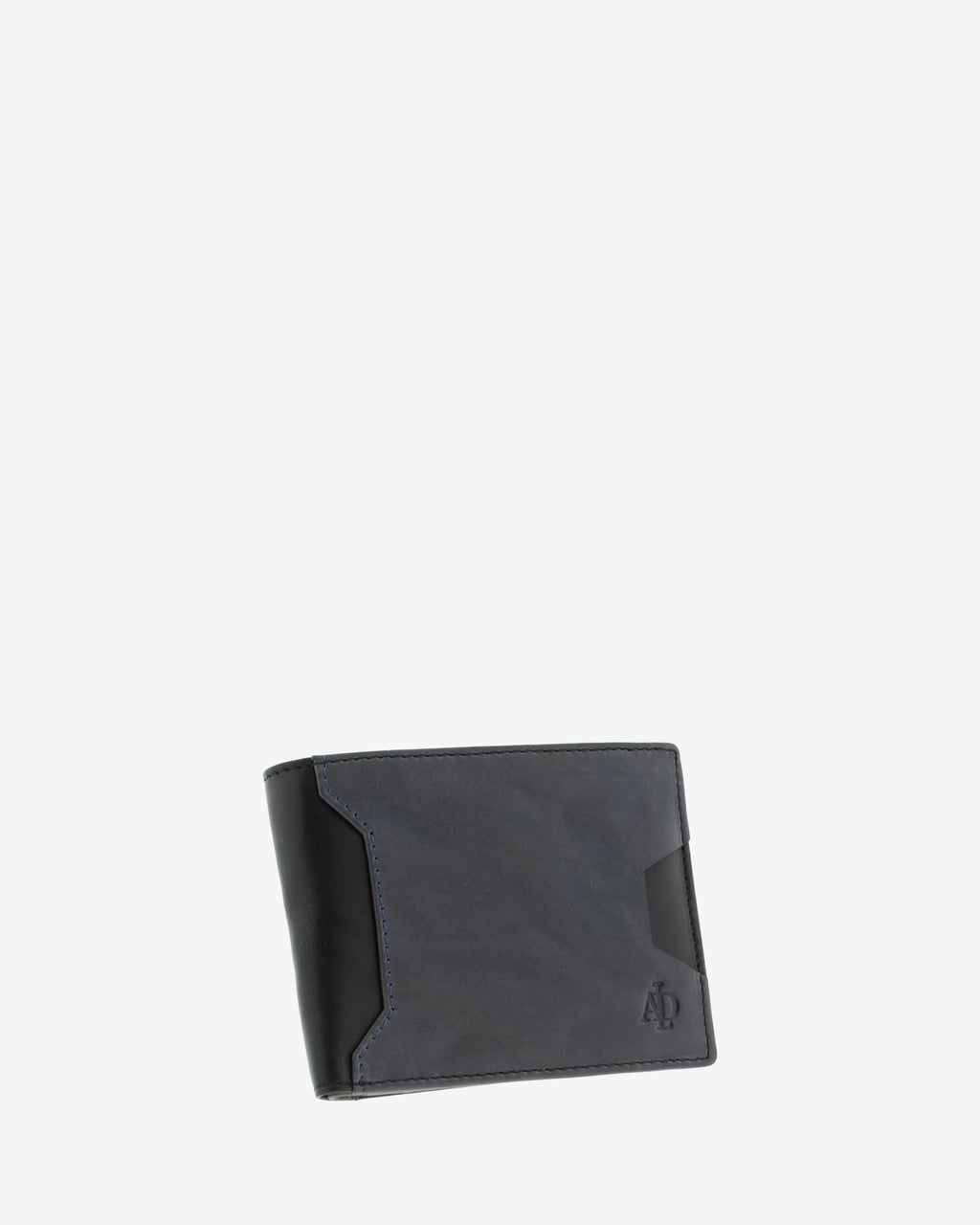 Cartera de hombre de piel genuina en color negro y gris, con compartimento exterior para tarjeta vista frontal mostrando diseño y volumen, referencia 1616-1