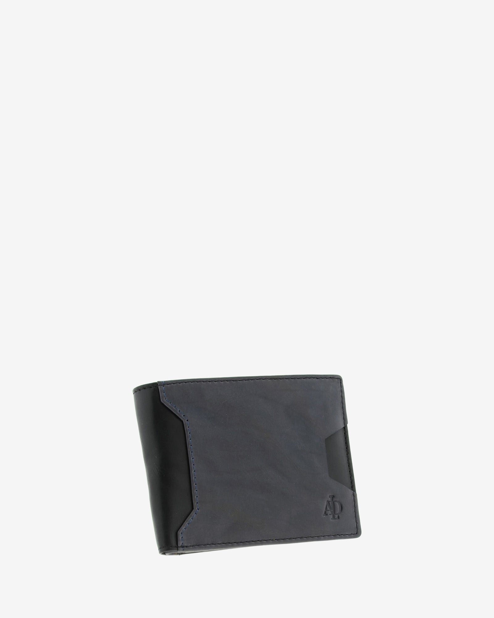 Cartera de hombre de piel genuina en color negro y gris, con compartimento exterior para tarjeta vista frontal mostrando diseño y volumen, referencia 1616-1