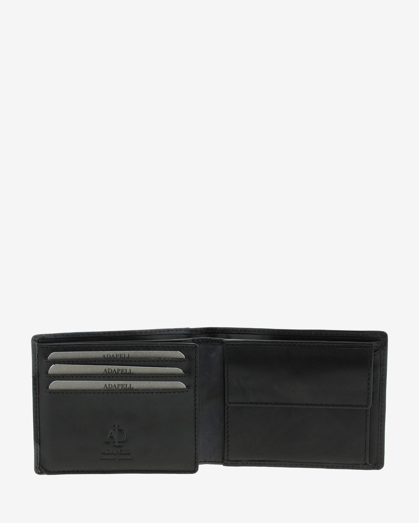 Cartera de hombre de piel genuina en color negro y gris, vista interior mostrando compartimentos y monedero, referencia 1616-1