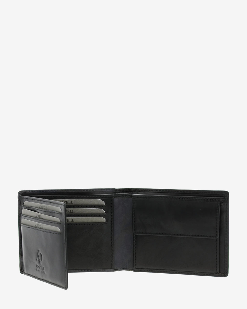 Cartera de hombre de piel genuina en color negro y gris, vista interior abierta mostrando compartimentos y monedero, referencia 1616-1