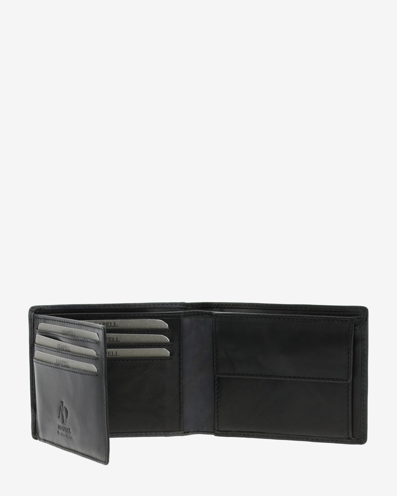 Cartera de hombre de piel genuina en color negro y gris, vista interior abierta mostrando compartimentos y monedero, referencia 1616-1