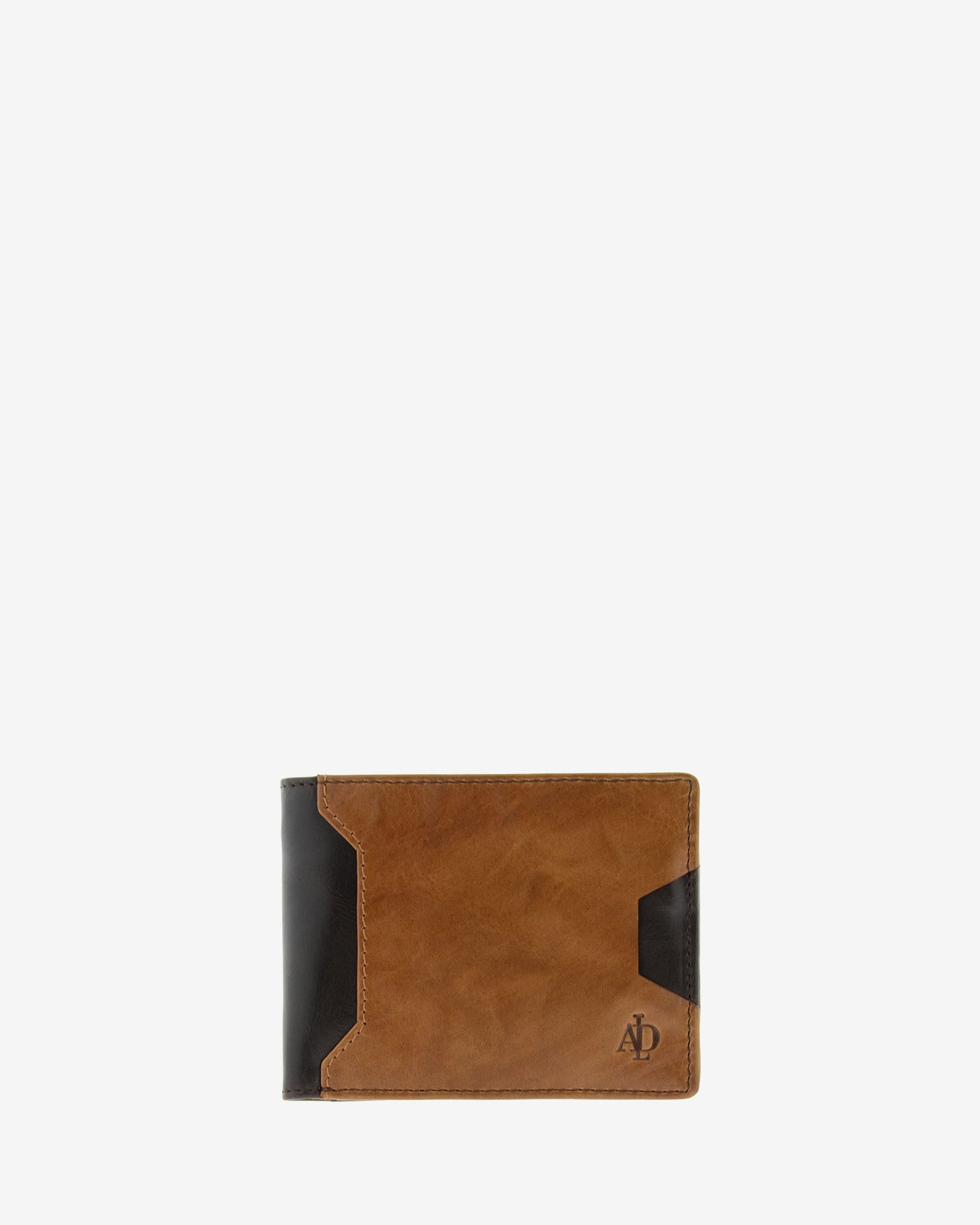 Cartera de hombre de piel genuina en colores marrón chocolate y cuero, con compartimento exterior para tarjeta, vista frontal plana mostrando diseño y volumen, referencia 1616-2