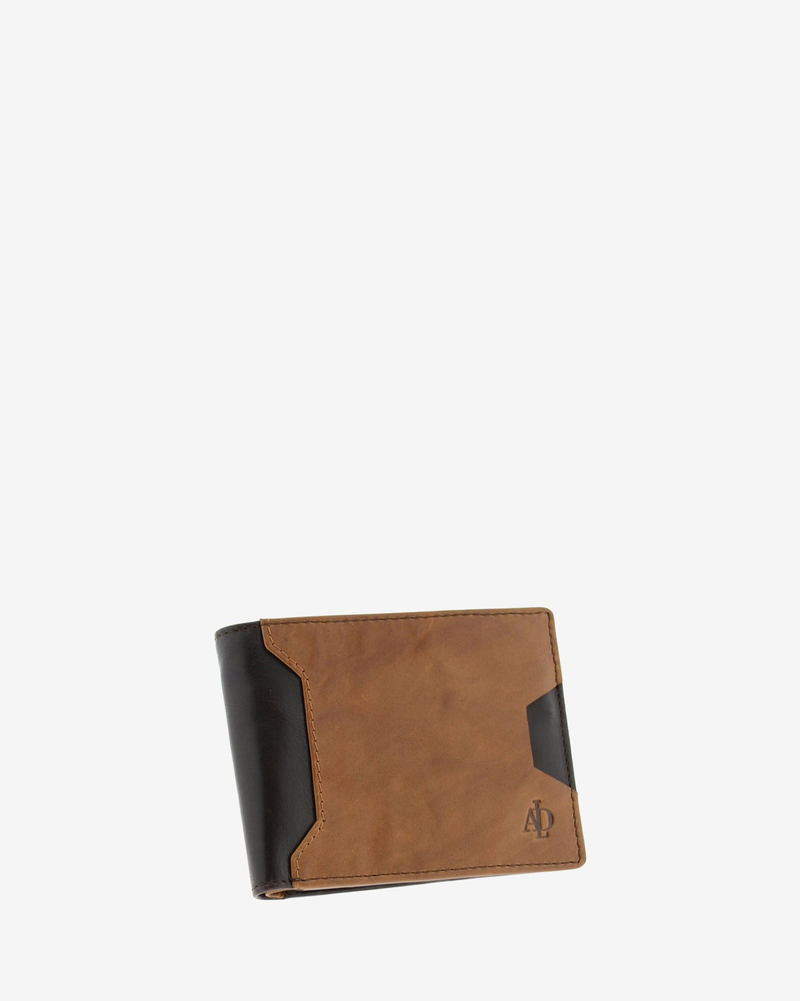 Cartera de hombre de piel genuina en colores marrón chocolate y cuero, con compartimento exterior para tarjeta, vista frontal mostrando diseño y volumen, referencia 1616-2