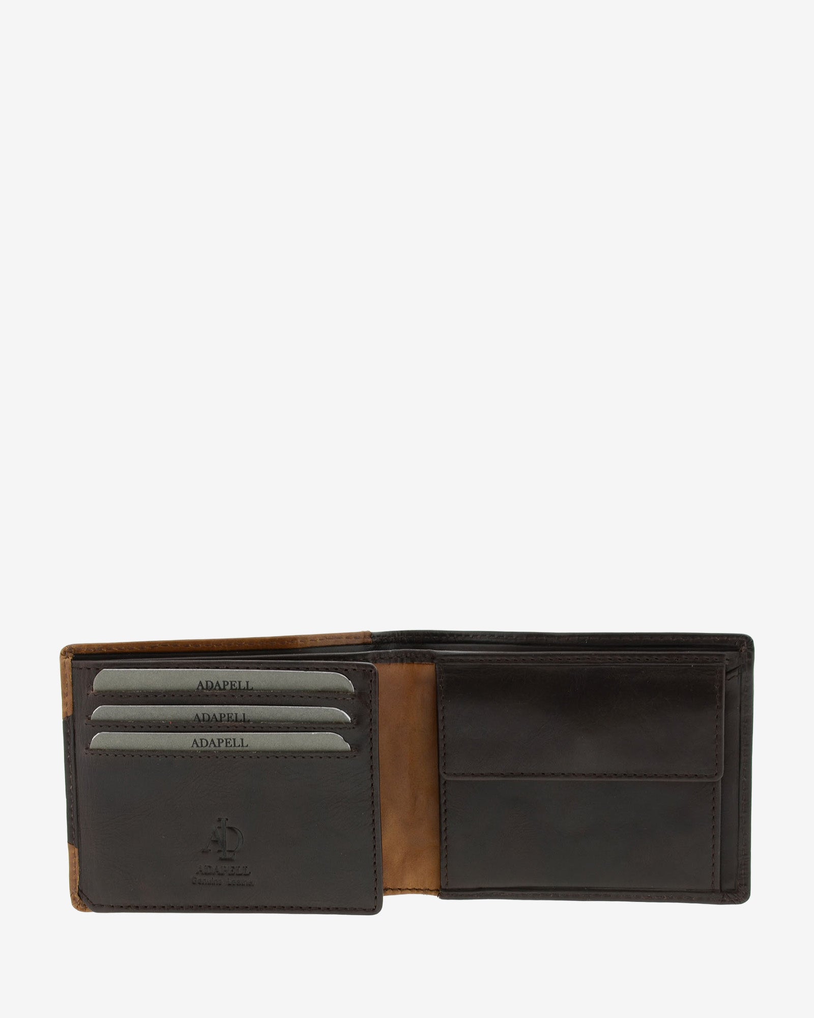 Cartera de hombre de piel genuina en colores marrón chocolate y cuero, vista interior mostrando compartimentos y monedero, referencia 1616-2