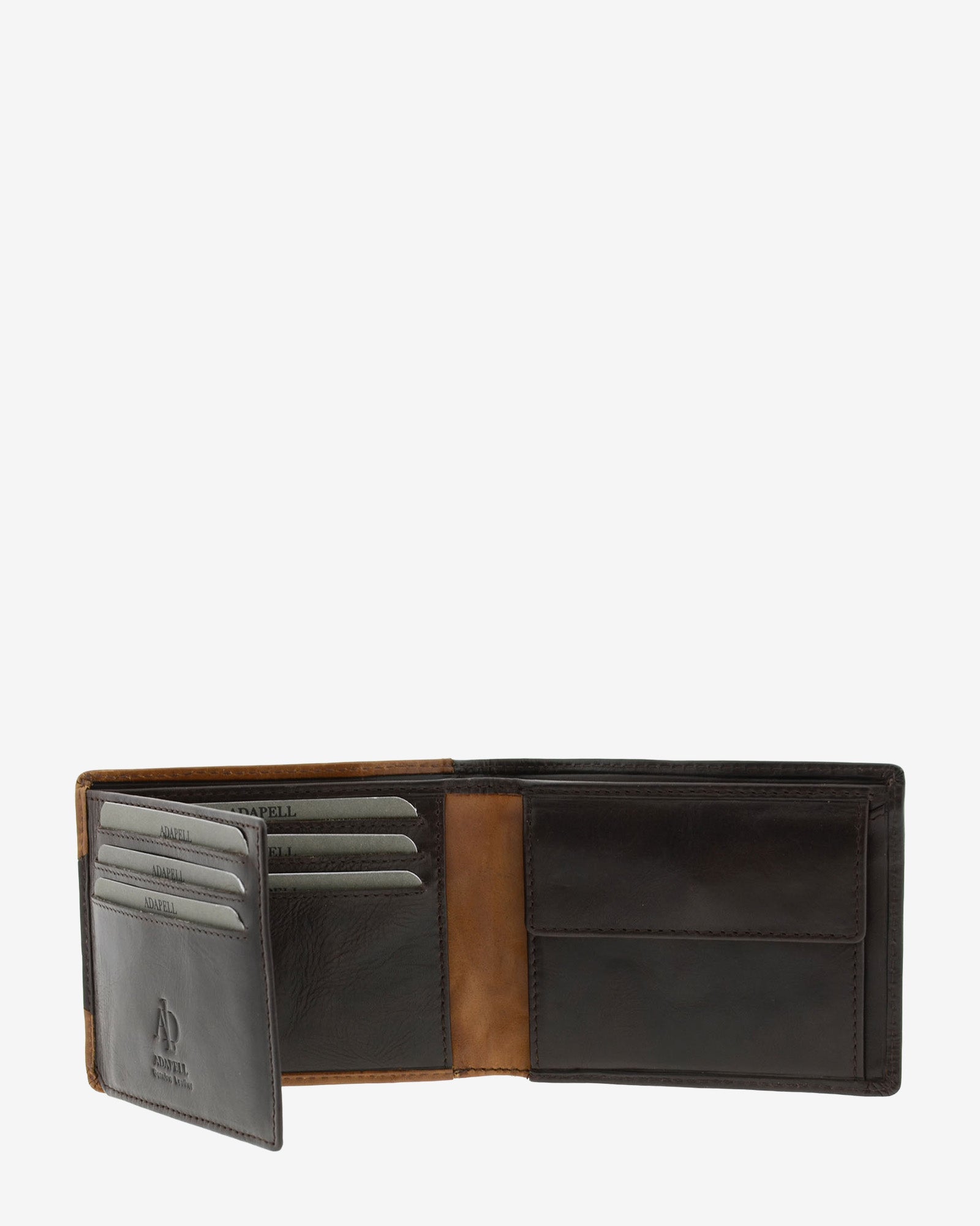 Cartera de hombre de piel genuina en colores marrón chocolate y cuero, vista interior abierta mostrando compartimentos y monedero, referencia 1616-2