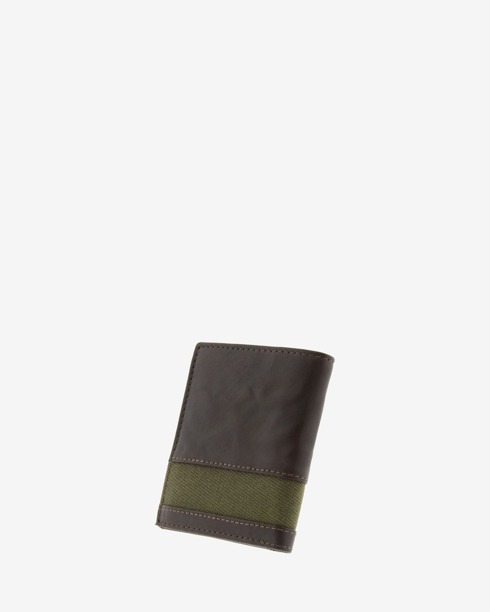 Cartera de hombre de piel genuina en color marrón chocolate y tira de canvas verde, vista trasera, referencia 1617-2